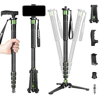 Manbily G-333 Carbon Fibre Camera Monopod with Stand Base and Walking Stick Handle 5 Sections up to 180 cm Hiking Poles Travel Monopod Compact Lightweight with Feet Max 10 kg DSLR Camera Video Camera