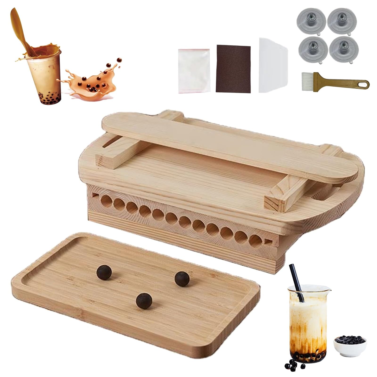 Kit de fabricación de perlas de tapioca para té Boba, tabla de frotar manual con bandeja de madera, fácil de usar para el hogar y la cocina, capacidad de 30 g