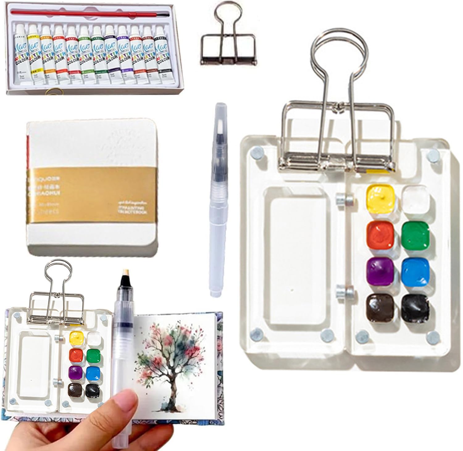 Hi-Y2kgirls B1-8 Grids Portable Palette, Mini Travel Paint Set With 8 Grids Mini Wood Palette Box, Pocket Artist Watercolour Palette, Sketchbook Palette Pocket Travel Paint Tray Box With Metal Clip