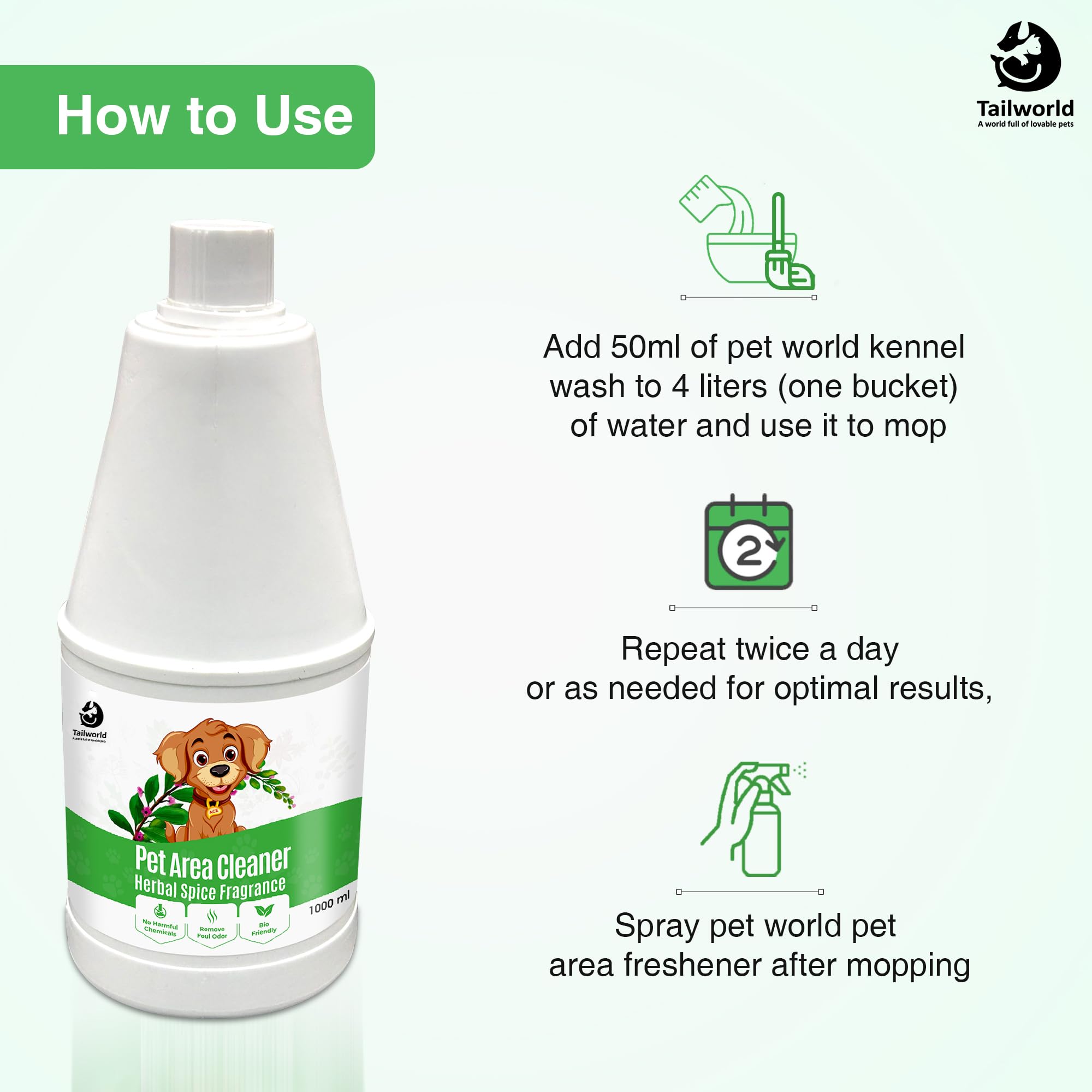 Tailworld Area Cleaner, Pet Area Odour Remover for All Types of Surfaces | Super Safe for The Pets, Can Remove Urine Smell for Instant Freshness, Eco-Friendly Odour (1000ml) 2