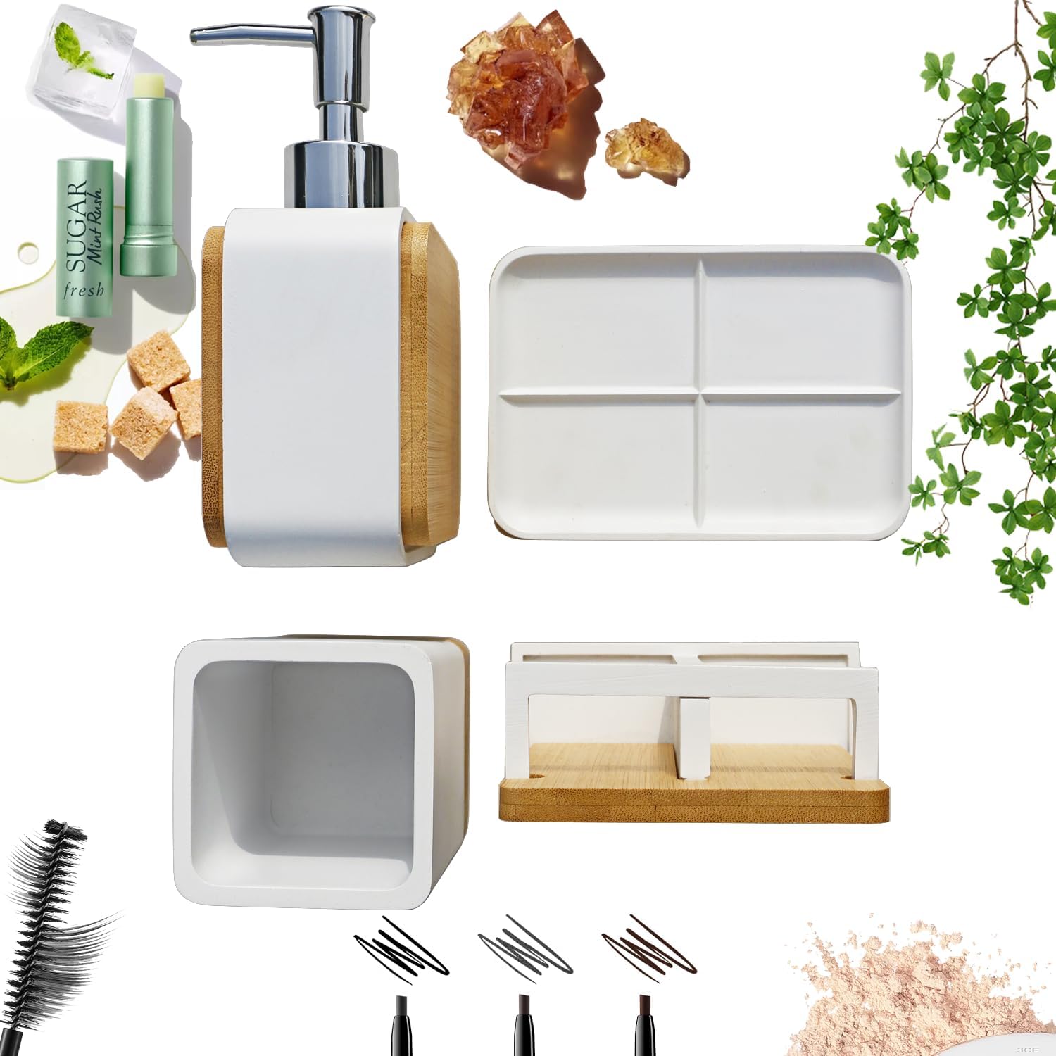 Bathroom Accessories Set with Cup, Toothbrush Holder, Soap Dishes and Soap Dispenser, Vanity Decoration, New Home Gift, White with Bamboo - Image 4
