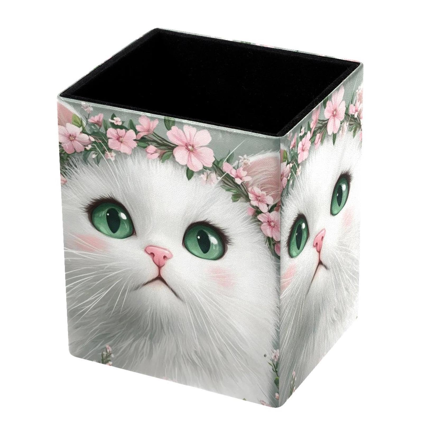 FWJZDSP Pencil Holder for Desk Pen Pouch with Cat Flora Beautiful Capacity Pen Cup Leather Makeup Brush Holder for Office Desk Organizer