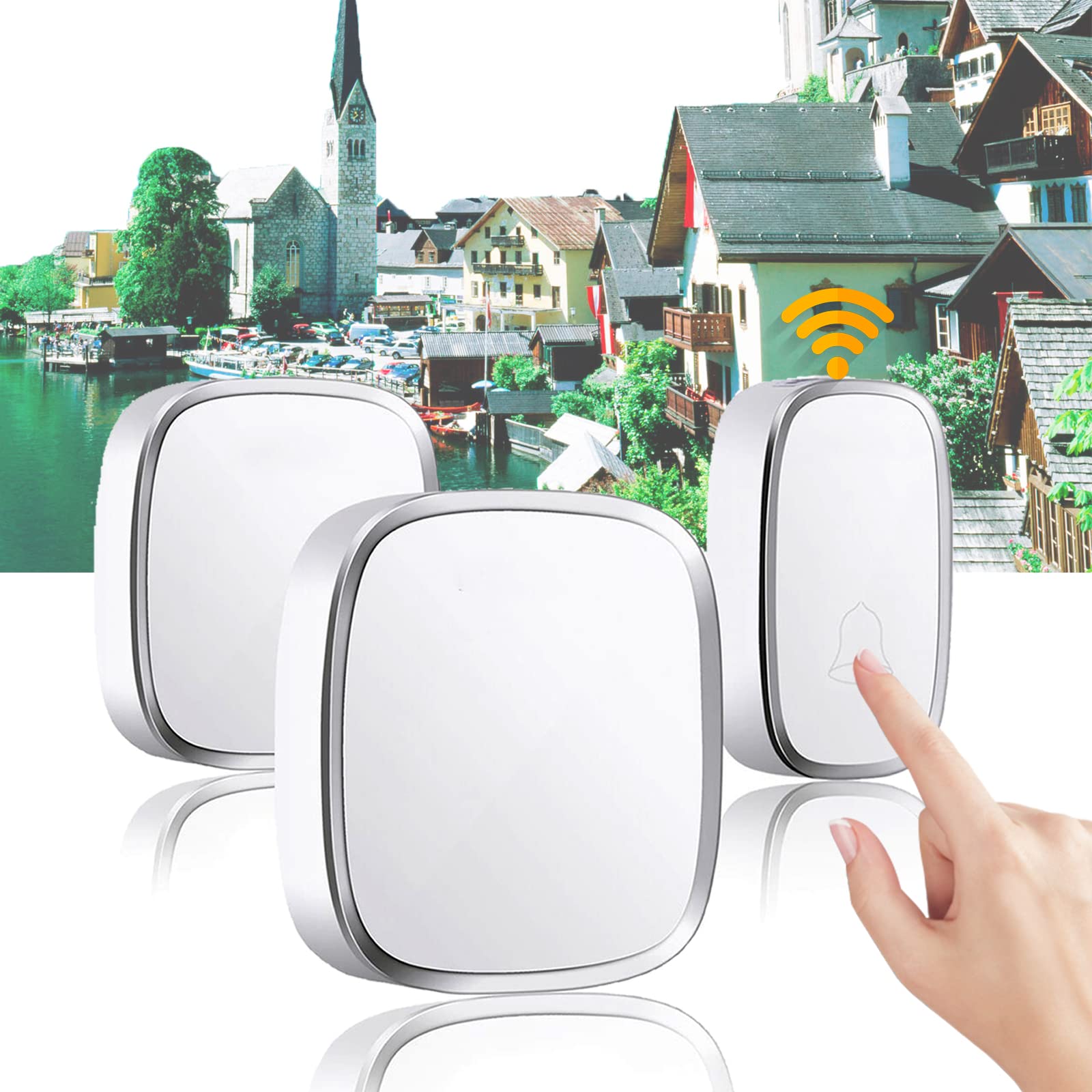 Wireless Doorbell Battery Operated, Loud Cordless Electric Door Bell with 4 Level Volume & 36 Melodies, 300M Range IP44 Waterproof Plug-in Home Cordless Door Chime Kit, [1 Transmitter + 2 Receiver]