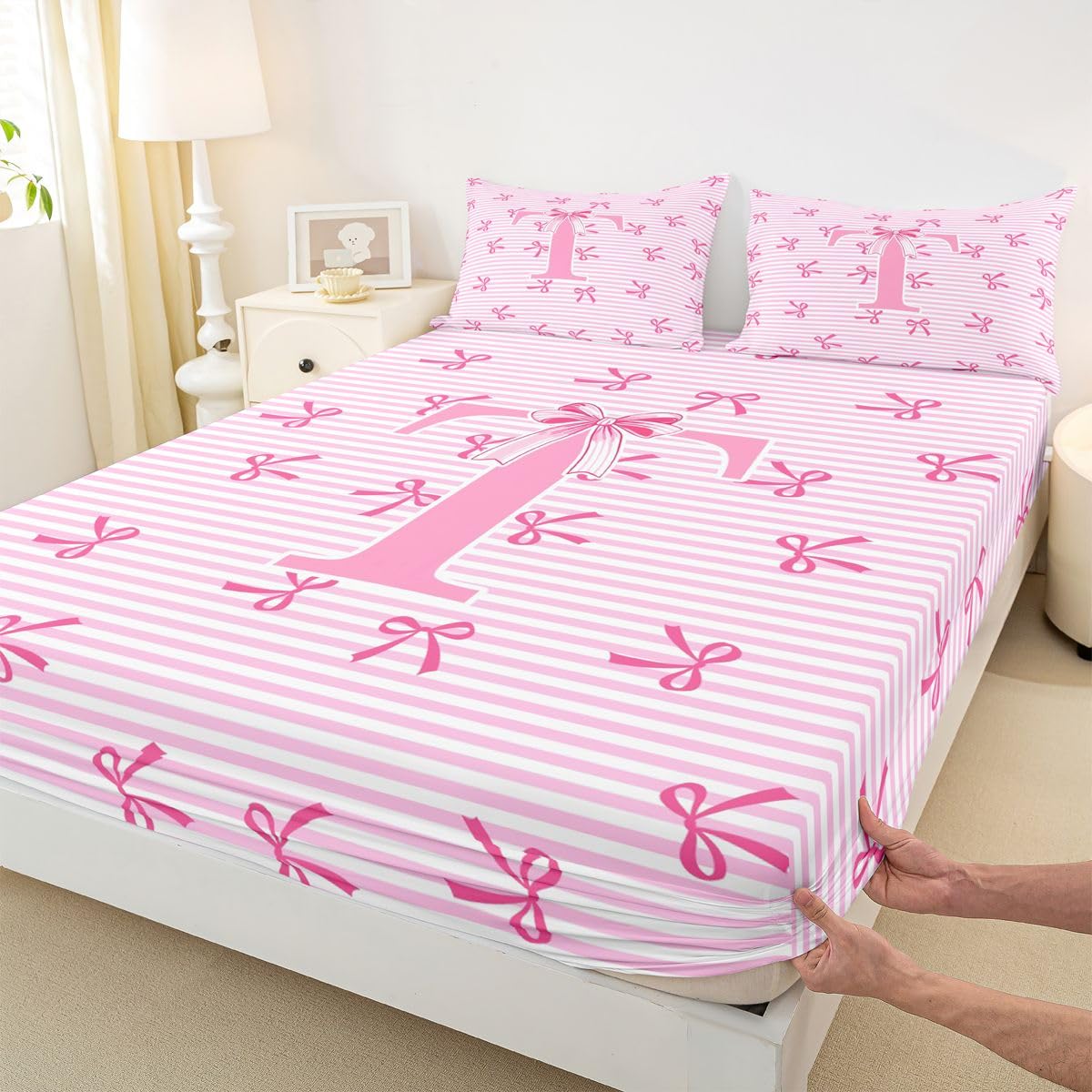 Homewish Monogram litera T zestaw pościeli podwójna urocza różowa kokarda prześcieradła kawaii kokardka w paski pościel - marzycielska księżniczka kokardki zestaw pościeli 4 sztuki