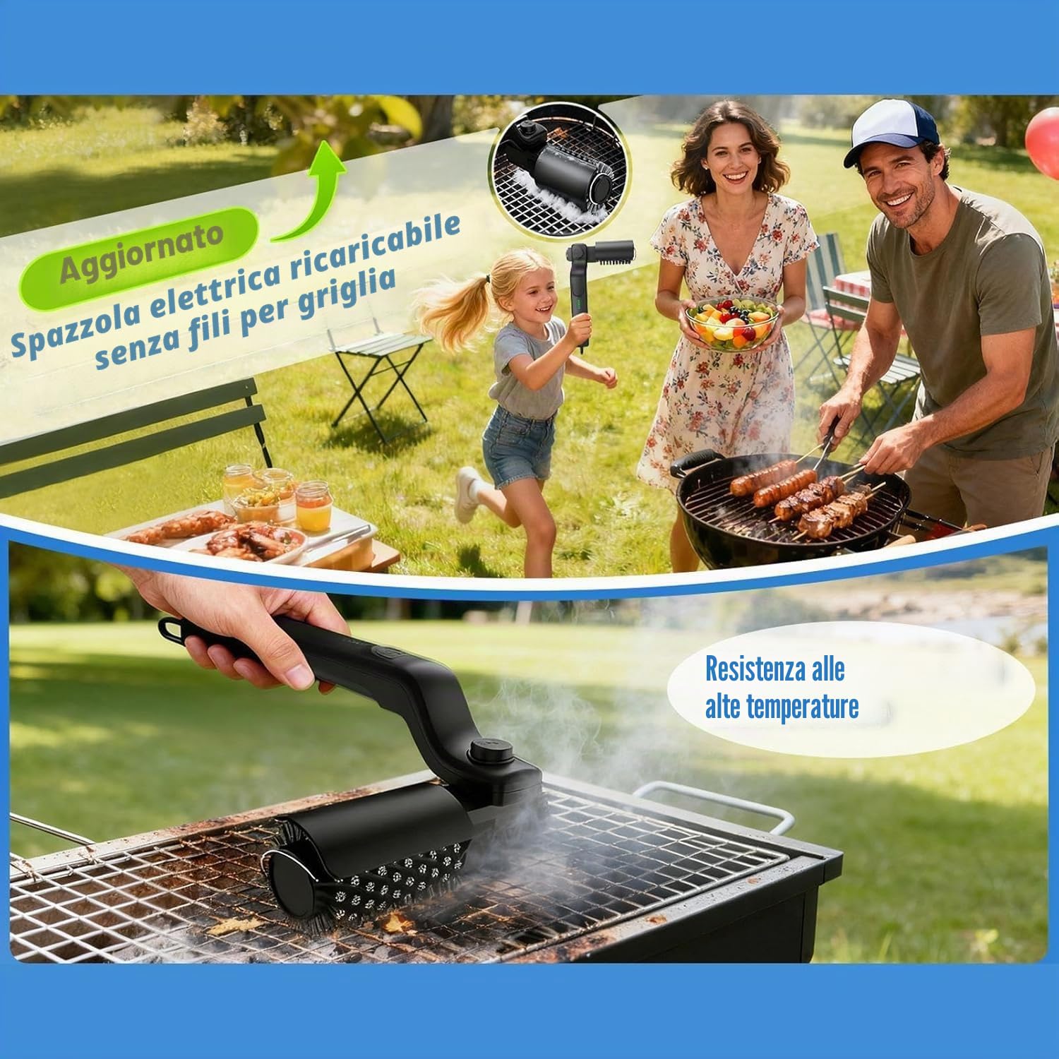 Spazzola per griglia elettrica - Spazzola rotante per barbecue elettrico | Spazzola per griglie con 3 velocità di rotazione, olio anti-macchia, con setole in acciaio inox, per griglie da campeggio