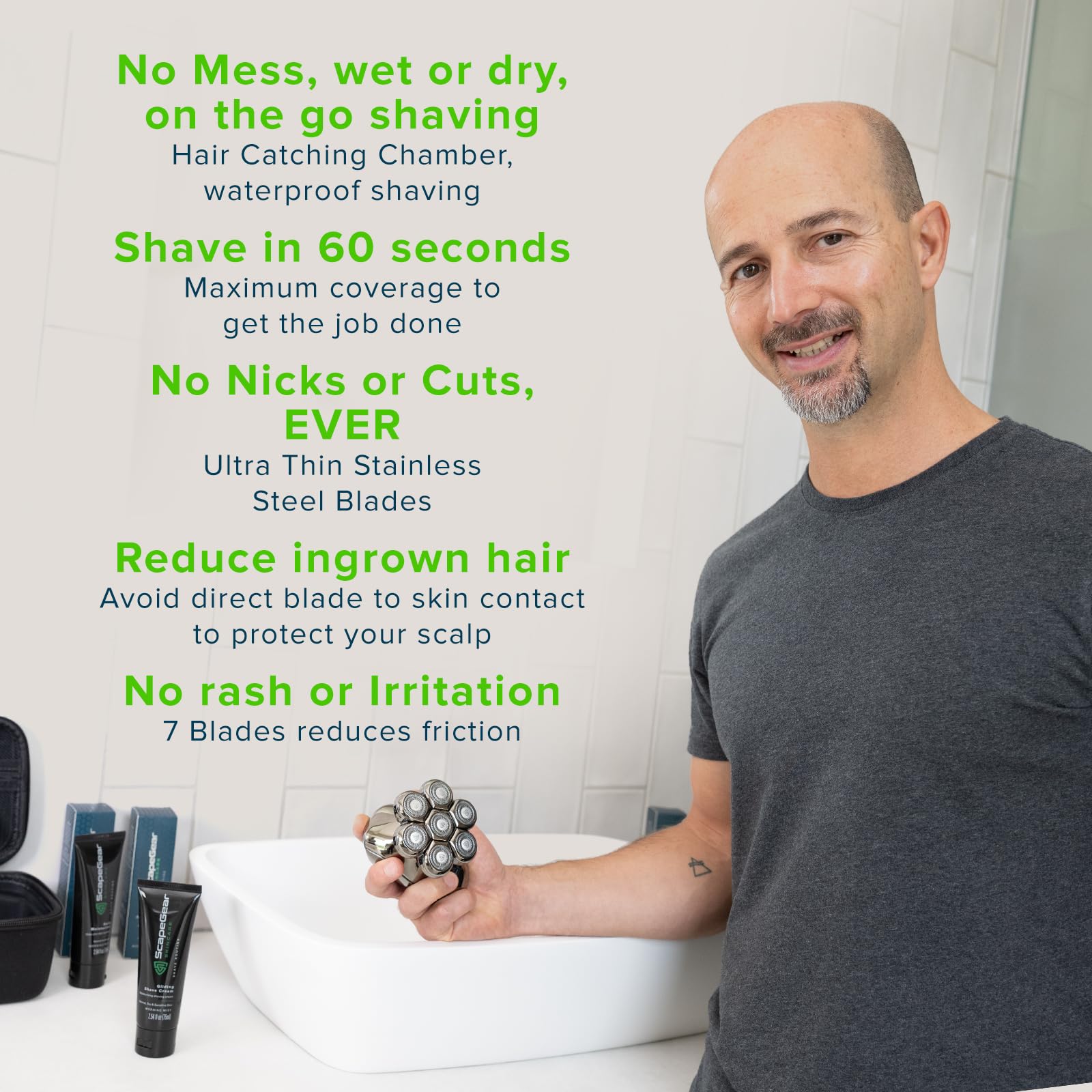 ScapeGear Premium Head Shavers for Bald Men Kit with Free Travel Case, Wet and Dry Shave No Mess Electric Razor for Men with PalmFlex 7D Smooth Electric Shavers