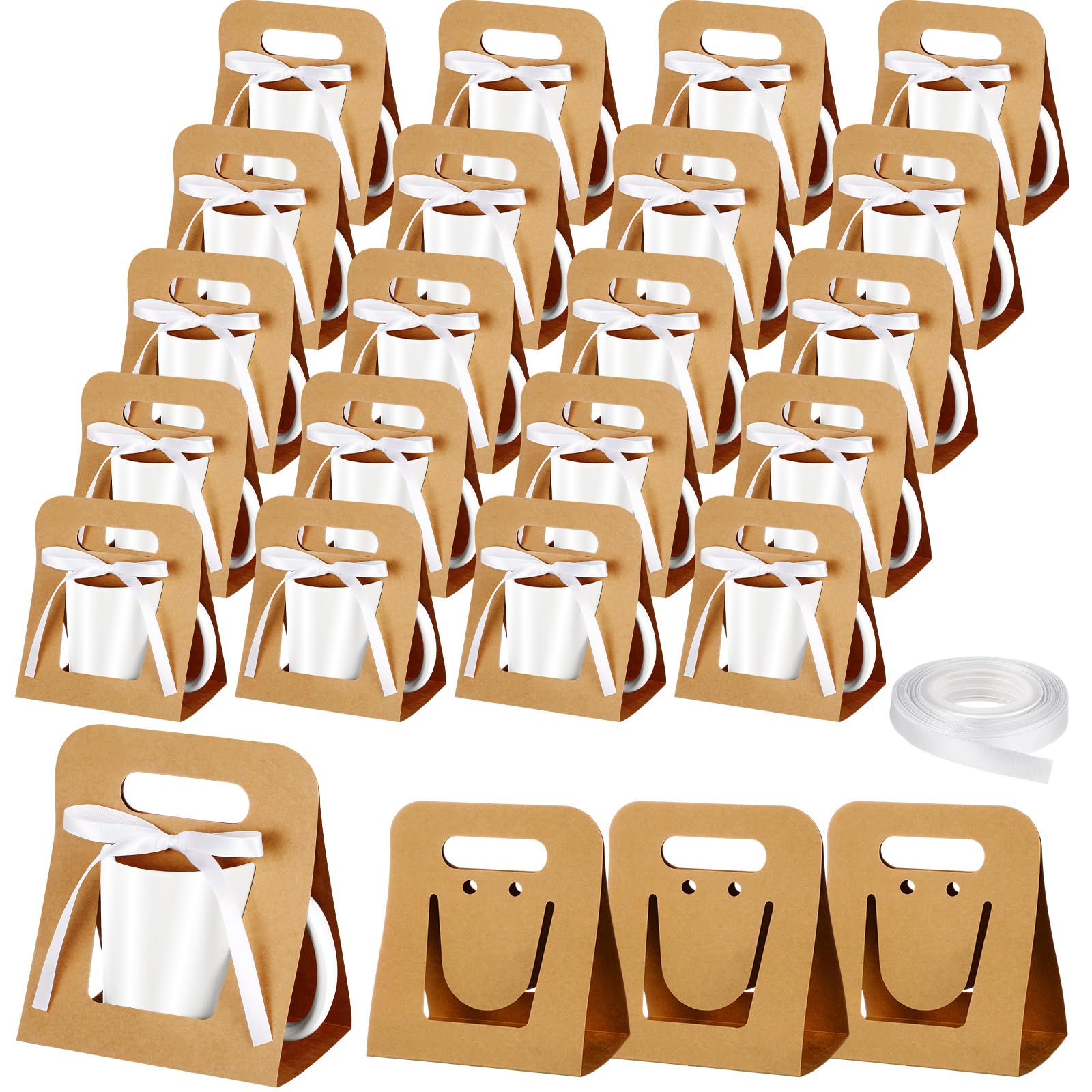 Motipuns 24 Pack Mug Boxes for Gifts 11 oz Coffee Mug Gift Boxes with 1 Roll Ribbon Sublimation Mug Gift Bags Gift Packaging Box for Sublimation Coffee Mugs Blanks Gift Wrapping(Brown)
