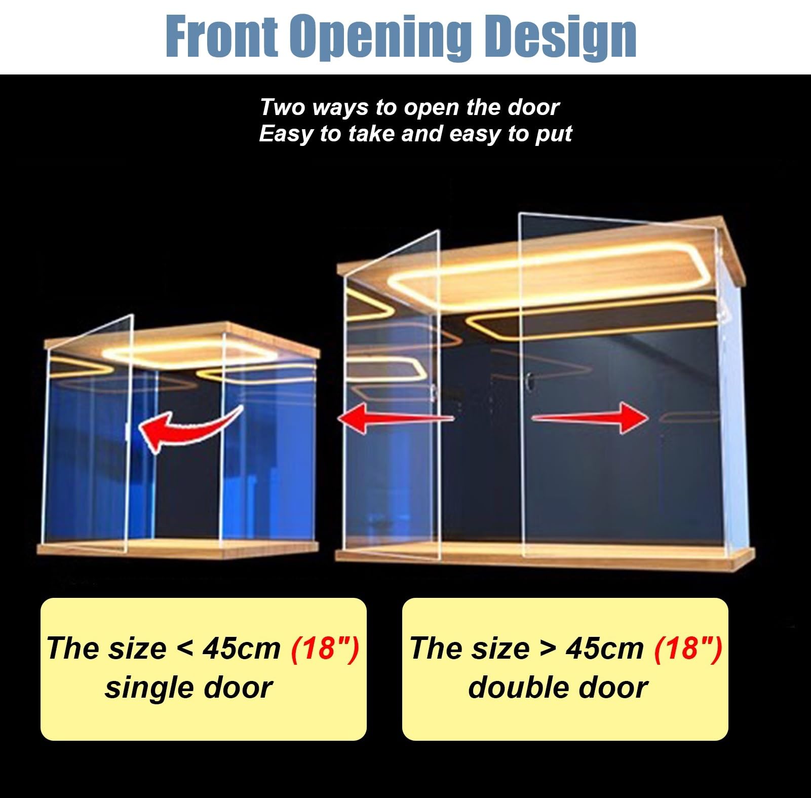 Acryl Vitrine Hohe LED-Acrylvitrine mit Beleuchteter Tür, PVC-Aufbewahrungsboxen für Sammlerstücke, Große Staubdichte Vitrine mit Holzsockel, für Puppen Und Figuren(40x40x60cm/16x16x24in)