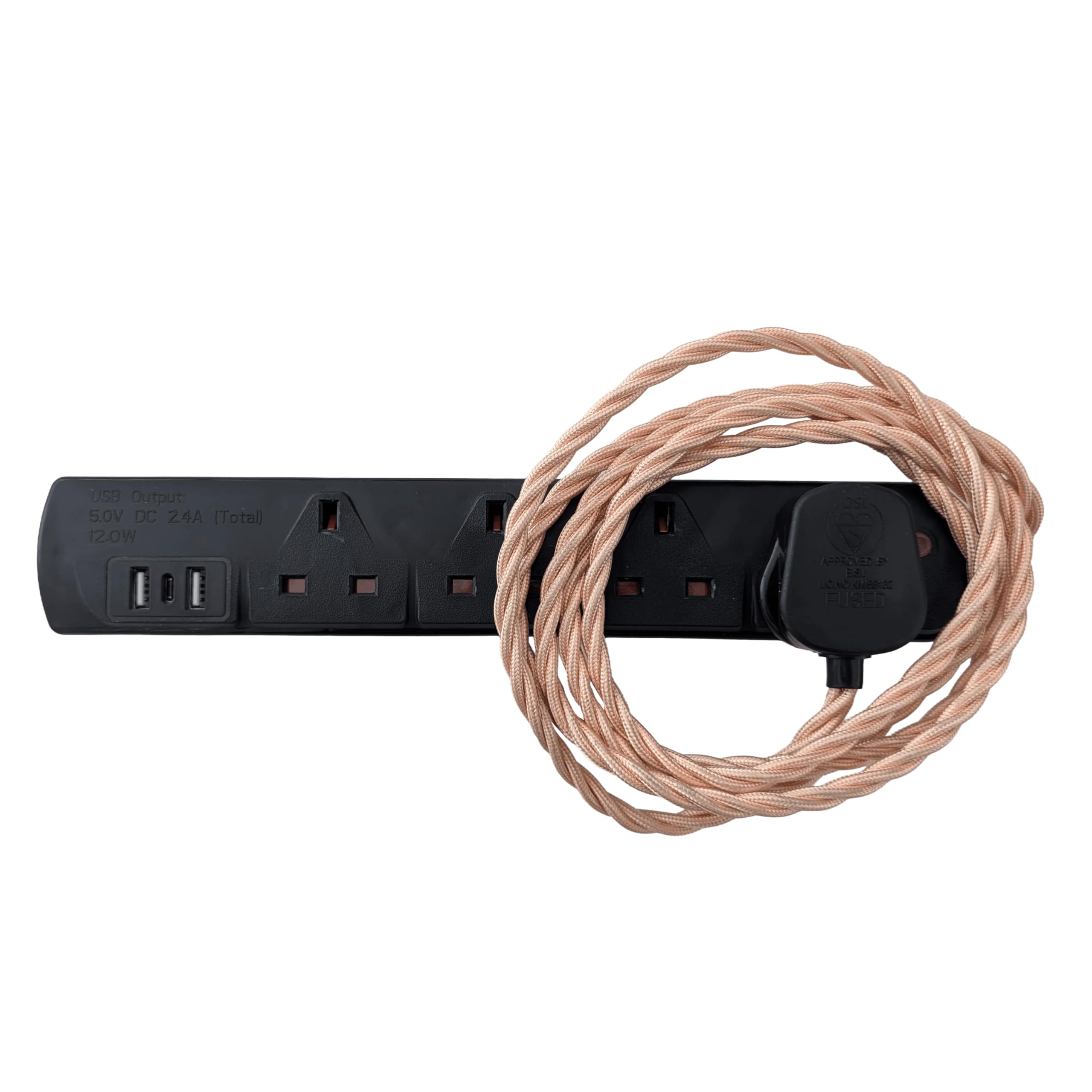 Vintage Electric Extension Leads, 13 amp rated Power Strips with 4 Way Outlets, 4 Socket Extension Cable with 2M Braided Fabric Twisted Cord for Home Office (Rose Gold (Black Plug))