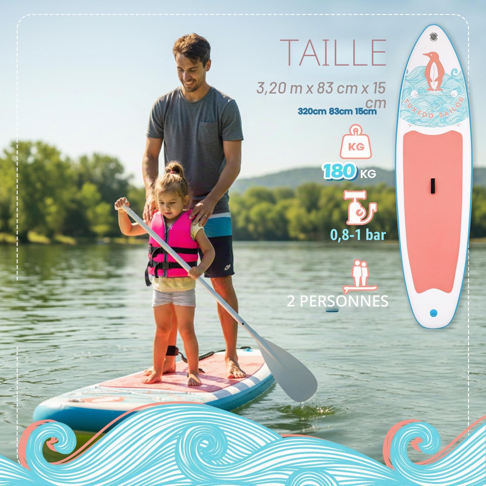Tuxedo Sailor Paddle Gonflable Adulte, Planche de Stand Up Paddle Gonflable Sup Paddle Board Gonflable Planche à Pagaie Gonflable avec Accessoires Complets