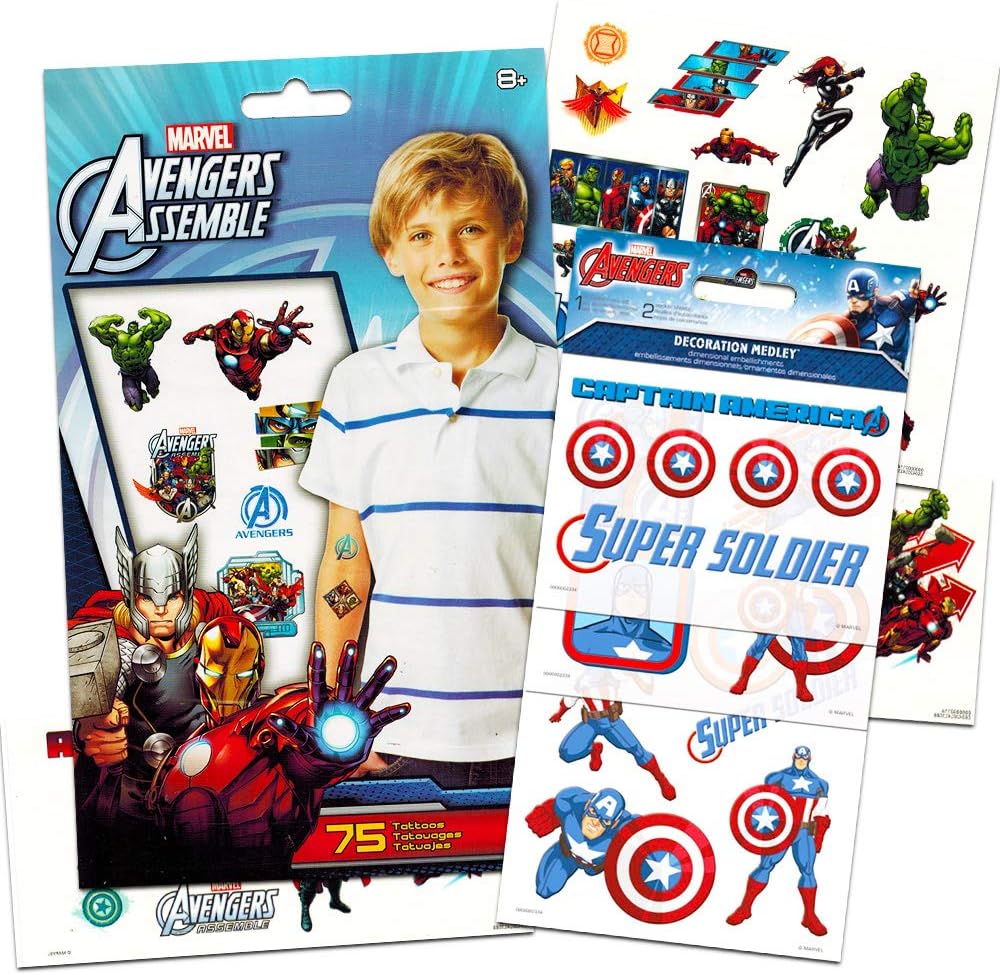 Marvel Avengers Captain America Stickers & Tattoos Party Favor Pack (Stickers & 75 Temporary Tattoos)