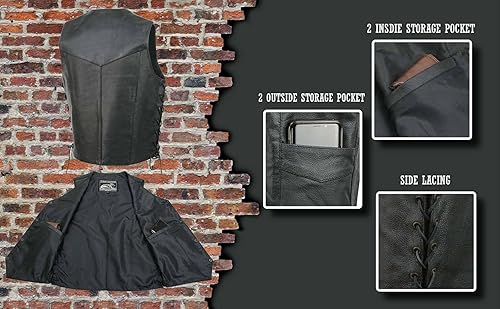 Miniatura 4 de Event Leather EL1315 Chaleco de cuero negro para motocicleta para hombres con encaje lateral, chalecos de motocicleta para adultos