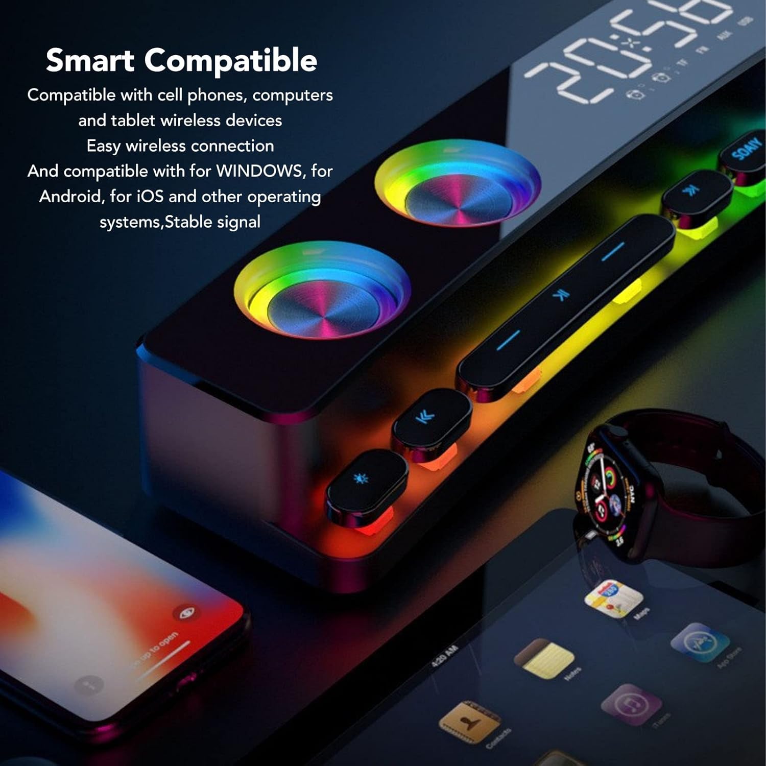 Bluetooth Computer Speaker, PC Gaming Speaker Sound Bar with Dynamic RGB Light HiFi Stereo Sound FM Radio Alarm Clock 13 Mechanical Keys for Desktop Monitor Laptop Soundbar (White) 8 71I OqzRGVL. AC SL1500