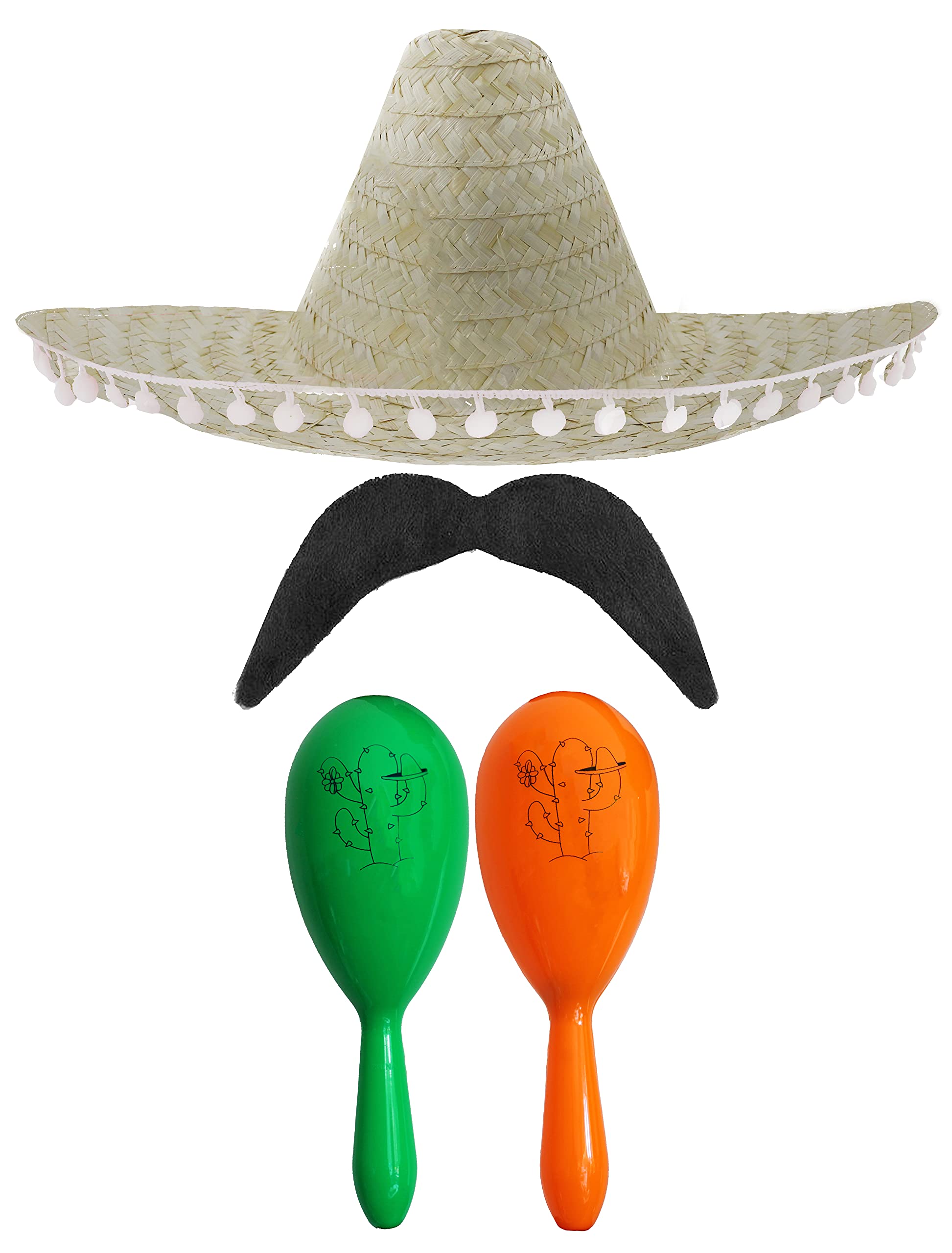 Adults Mexican Accessory Set - Natural Mexican Sombrero, Green & Orange Maracas, Moustache - Mexican Cinco de Mayo Sensorita Bandit Mariachi Fancy Dress Costume Accessory Set — image 1