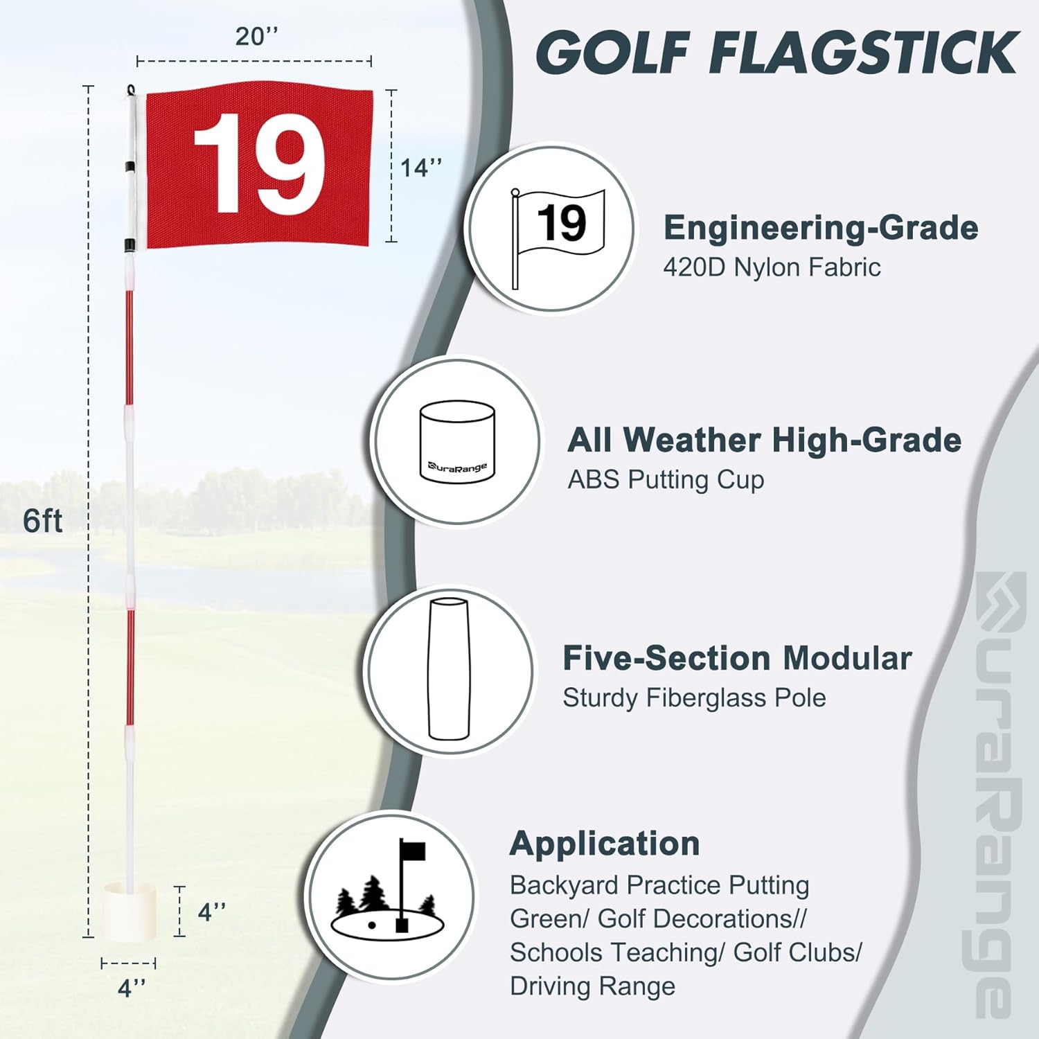 DURARANGE Golf Flagstick 6ft, 5-Section Design, ABS Hole Cup, 420D Nylon Flag for Backyard Practice Putting Green | Driving Range | Country Club, Gift for Golf Lovers