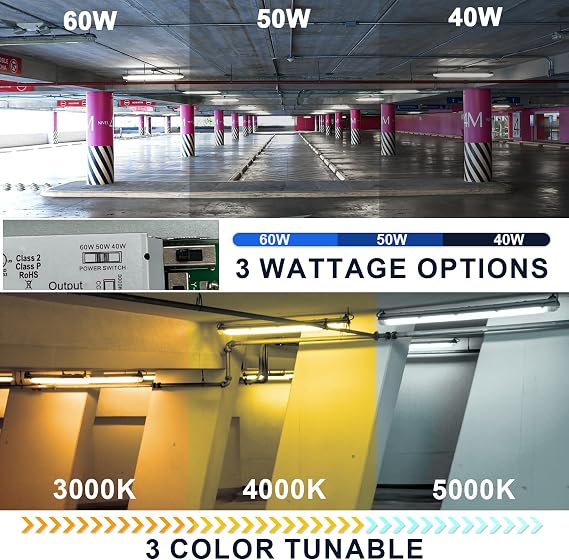 4FT LED Vapor Tight Light, 60W/50W/40W Wattage Selectable, 3CCT 3000K-4000K-5000K, IP66 Waterproof LED Vapor Proof Shop Lights for Car Wash, Walk-in Freezer, Garage, 100-277V, ETL Listed (6-Pack)