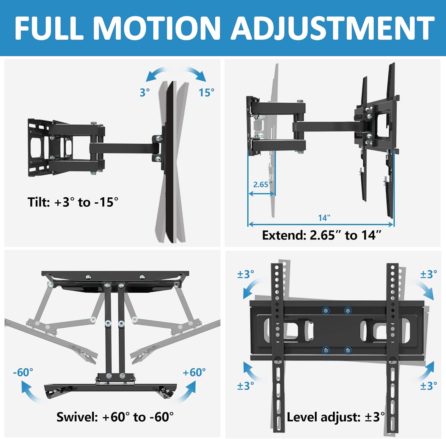 BLUE STONE Full Motion TV Wall Mount Bracket with Height Setting for Most 27-65 inch up to 121 lbs,VESA 400x400 mm,Dual Swivel Articulating Arms Tilt Rotation for Flat Screen,LED,4K Curved TVs : Electronics