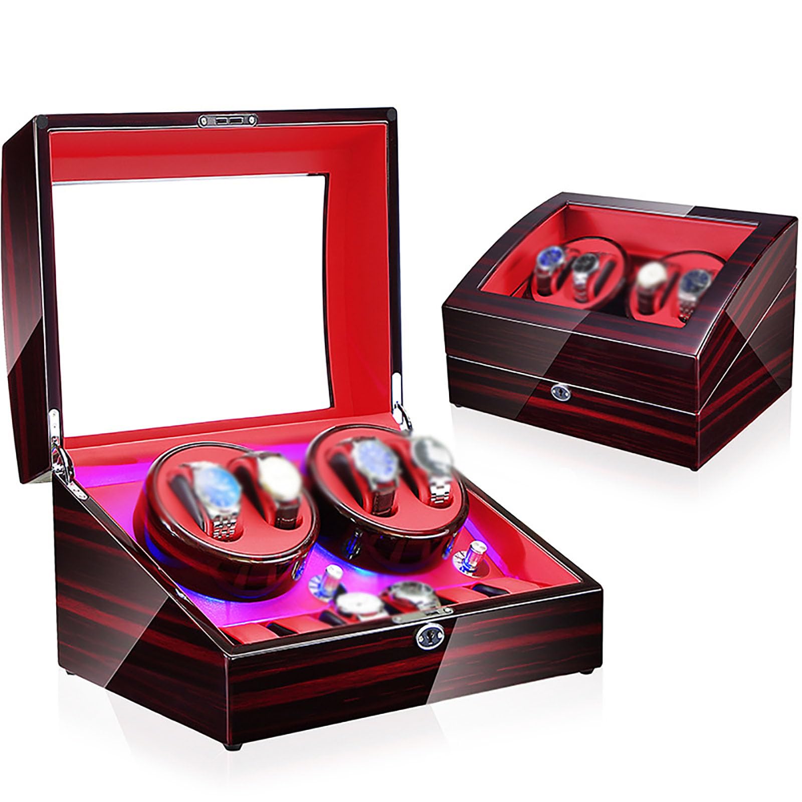 MYUYEE Watch Winder Automatic Watch Winder For 4 Watches + 6 Storage Soft Watch Pillow Led Illumination Super Quiet Motor Ac Adapter And Powered Rosewood Grain+Red Watch Winder