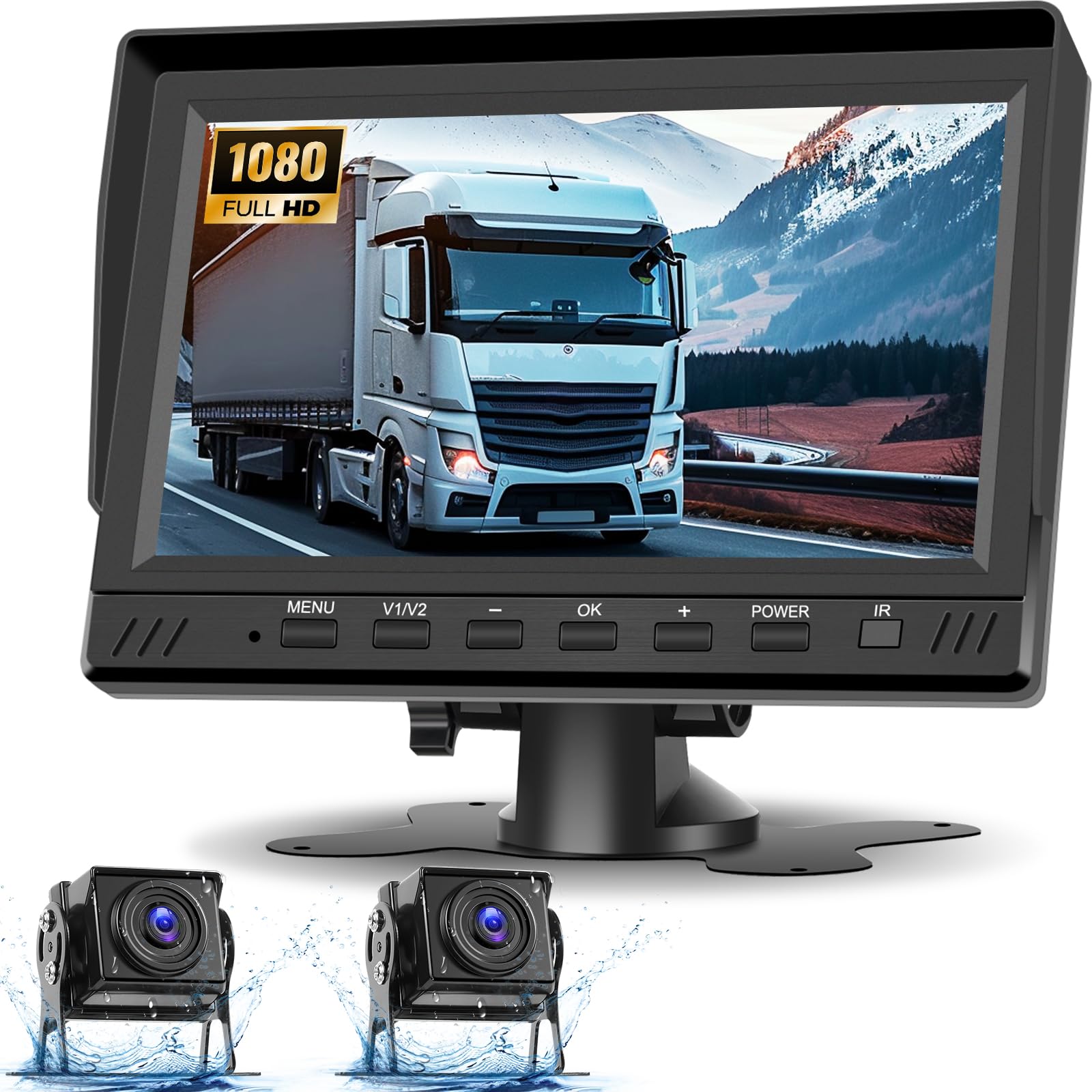 Kit de cámara Trasera para Coche: Pantalla de 7 Pulgadas con Dos cámaras Impermeables de 1080p, grabación en Bucle, línea de Marcha atrás, cámara Trasera para Coche/Tractor + Tarjeta TF de 64 GB