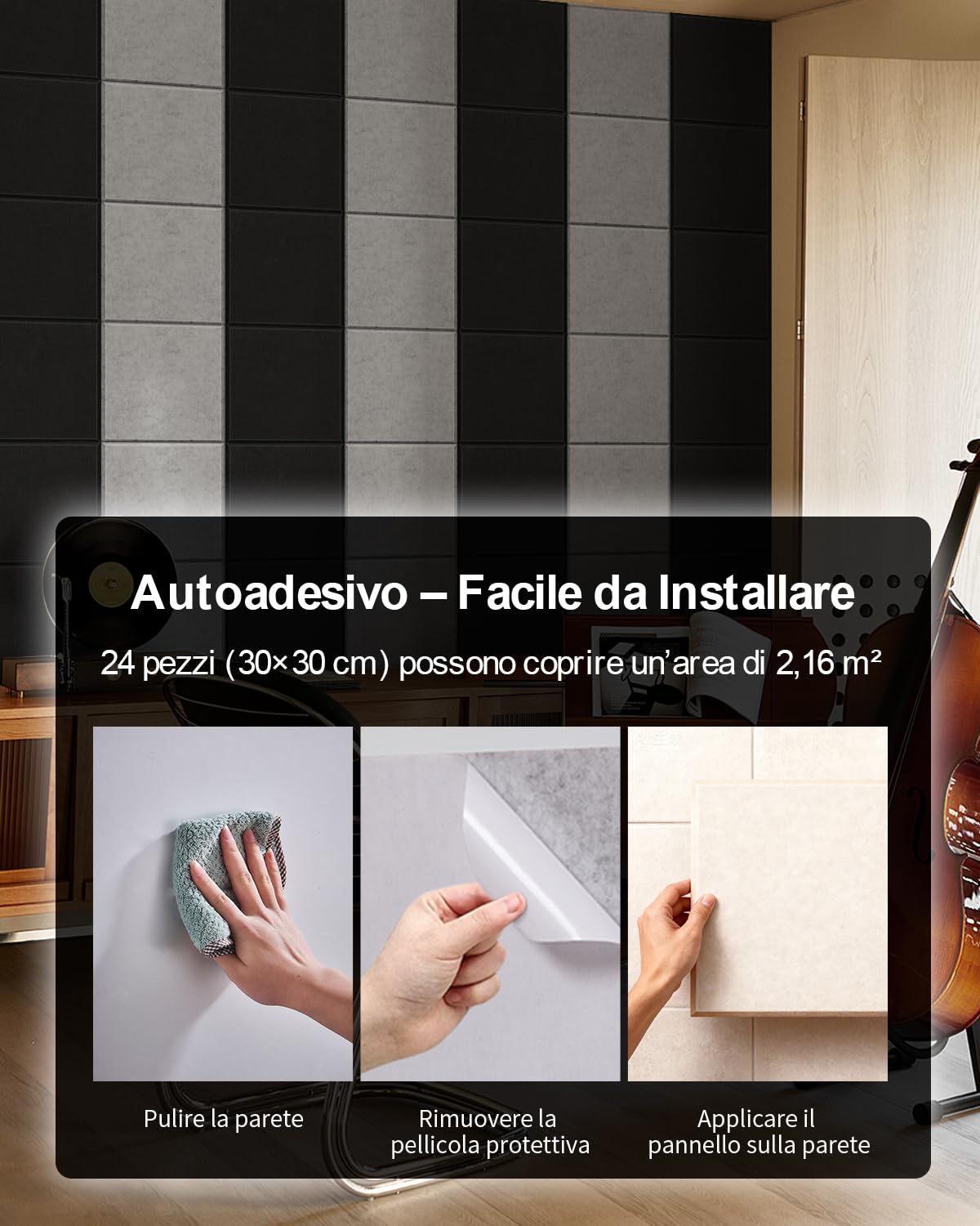 24 Pezzi Pannelli Acustici Autoadesivi, Pannelli Acustici Fonoassorbenti ad Alta Densità per Studio di Registrazione, Decorazione Gaming e Studio, 30x30x0.9cm, Bianco