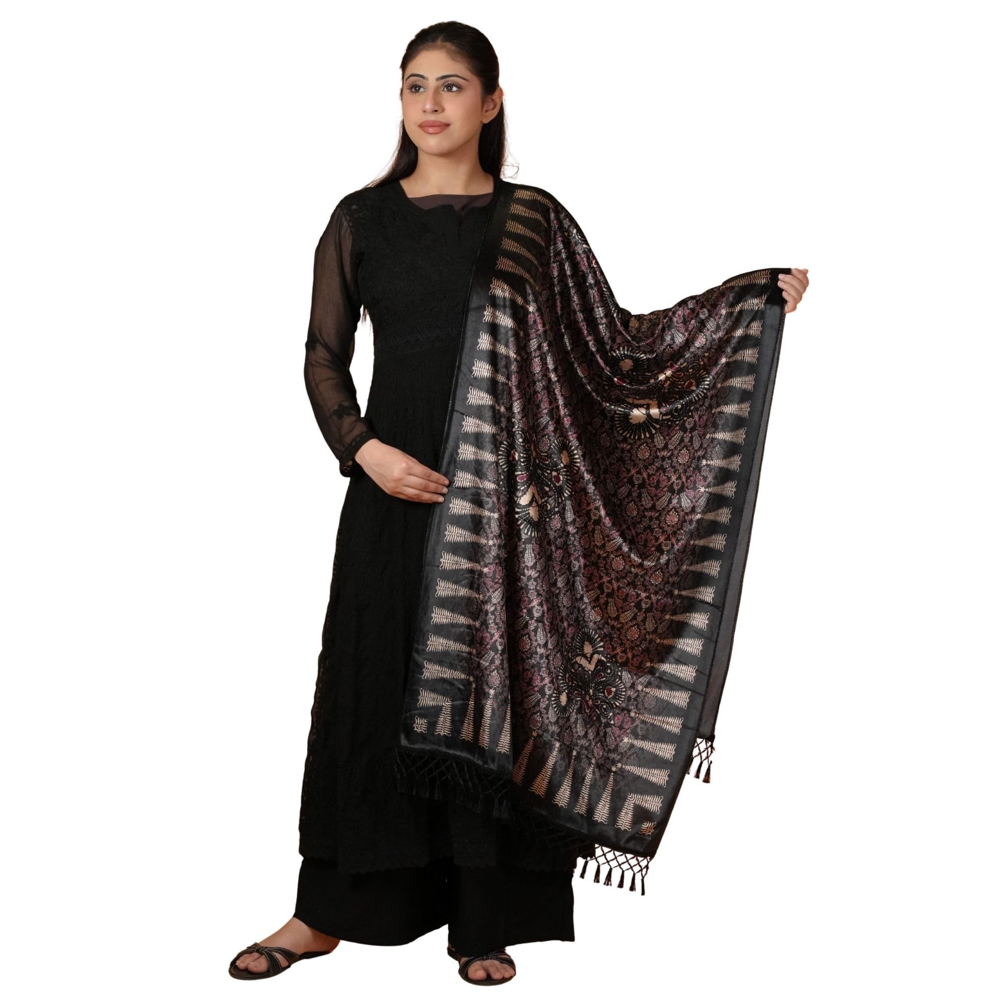 Women's Velvet Printed Shawl | Black Stylish Ethnic Fashion Style Stole-image-49