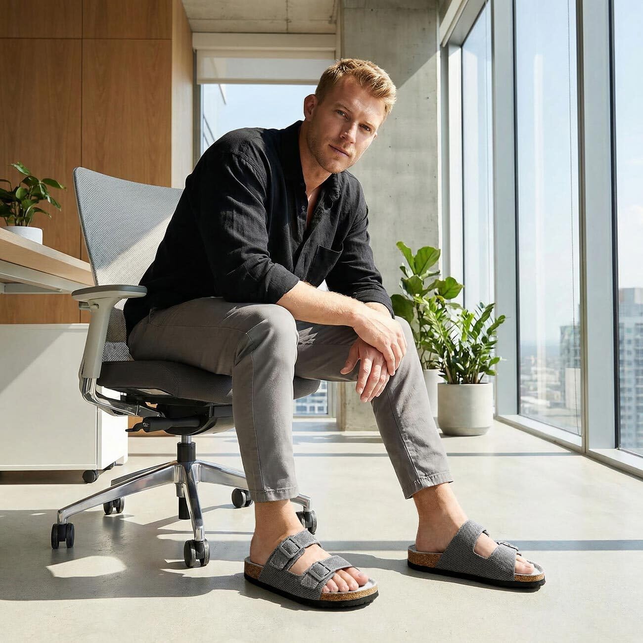 Giesswein Merino Slides Men - Pantolette mit ergonomischem Korkfußbett - Komfort Sandale mit stufenlos verstellbaren Riemen aus Ajour-Strickstoff - Slipper mit angenehmer Merino Decksohle