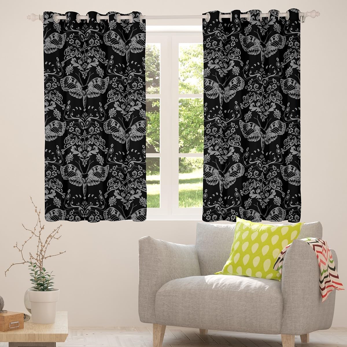 Halloween Moth Kids Window Curtains,Sun Moon Skeleton Skull Western Window Drapes for Girls Boys,Baroque Flowers Vintage Gothic Black Retro Window Treatments Grommet Top 2 Panel Set,38Wx45L inch