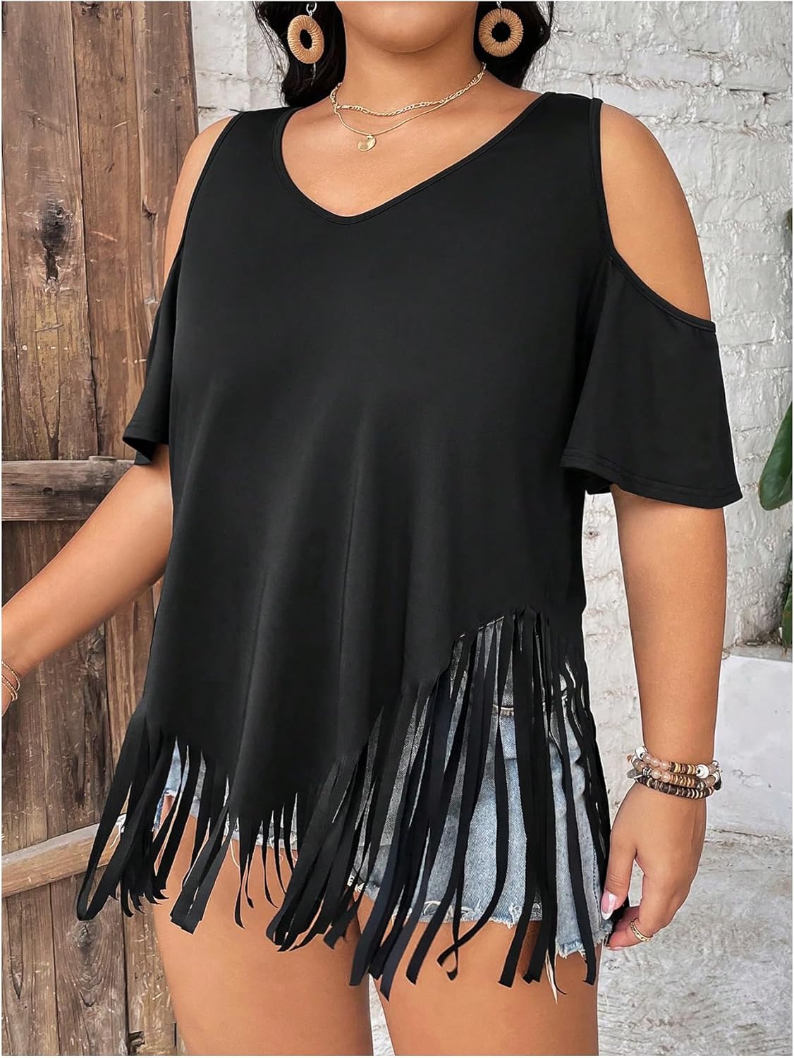 Women's Plus Size Fringe Hem V Neck Tops Short Sleeve Cold Shoulder T Shirts Top - Image 4
