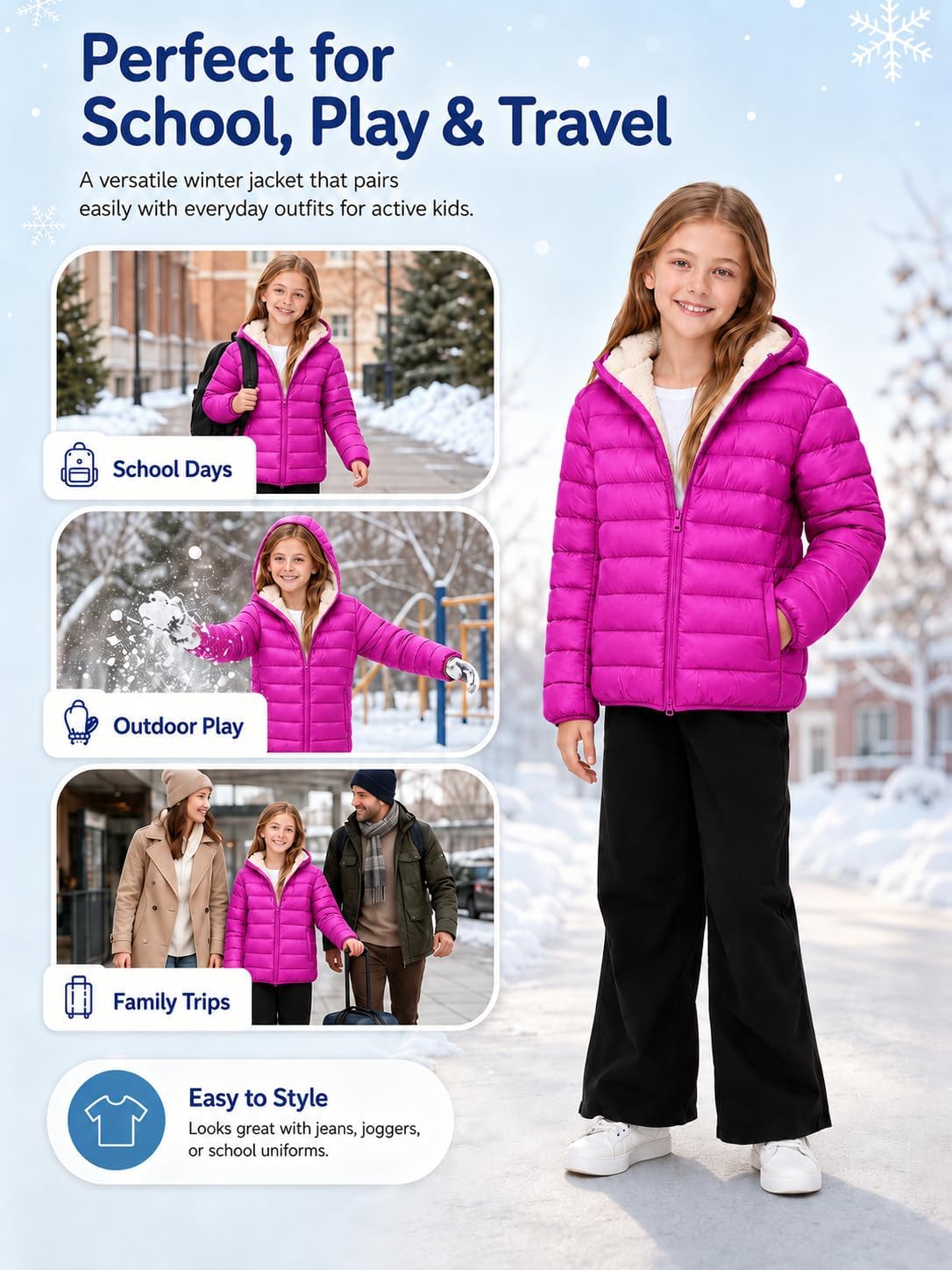 Boys Girls Hooded Winter Coats Sherpa Fleece Lined Puffer Jacket