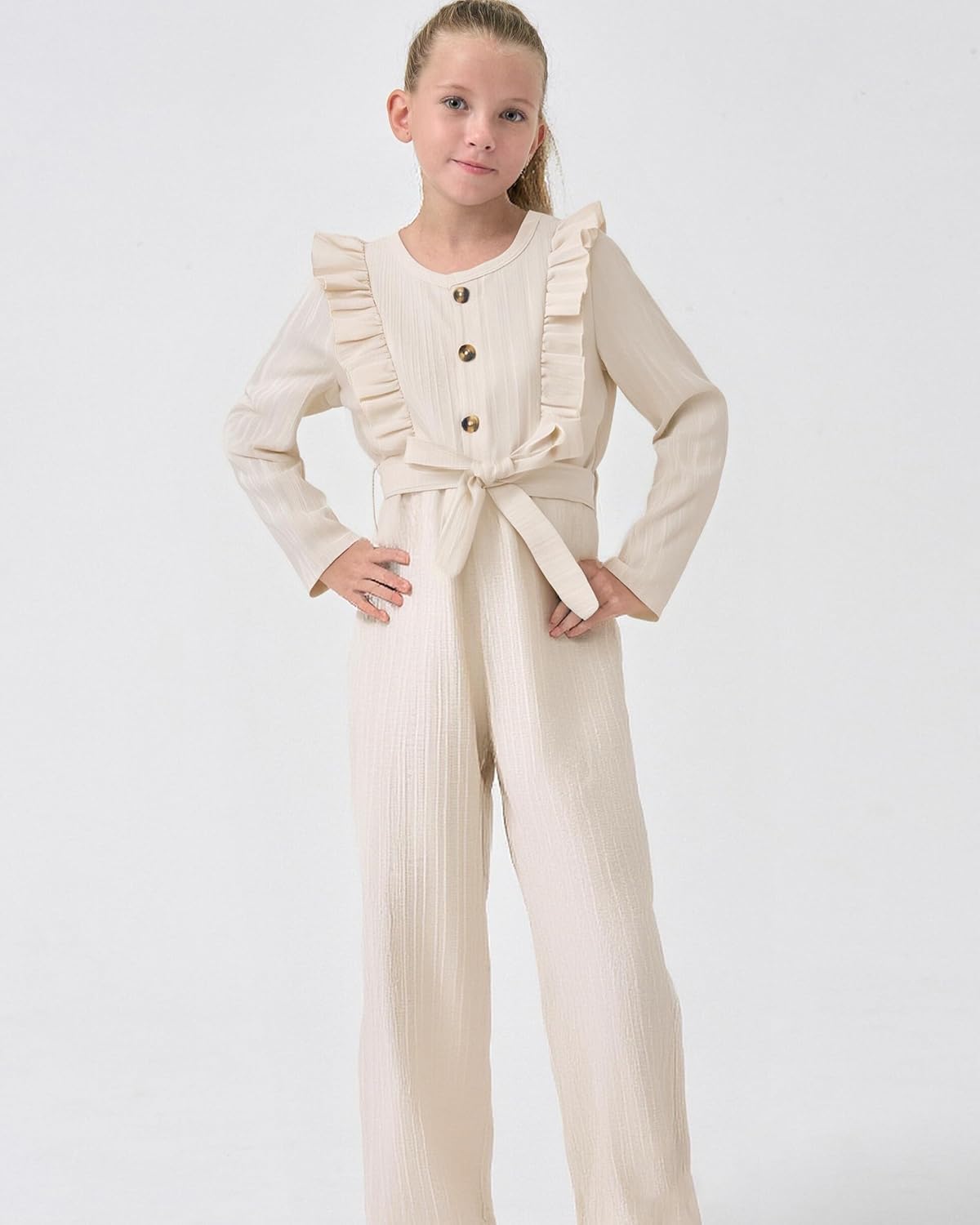 Girls Jumpsuit Kids Tween Clothes Fashion Ruffle Wide Leg Belted Romper Spring Winter Fall Outfits - Image 2