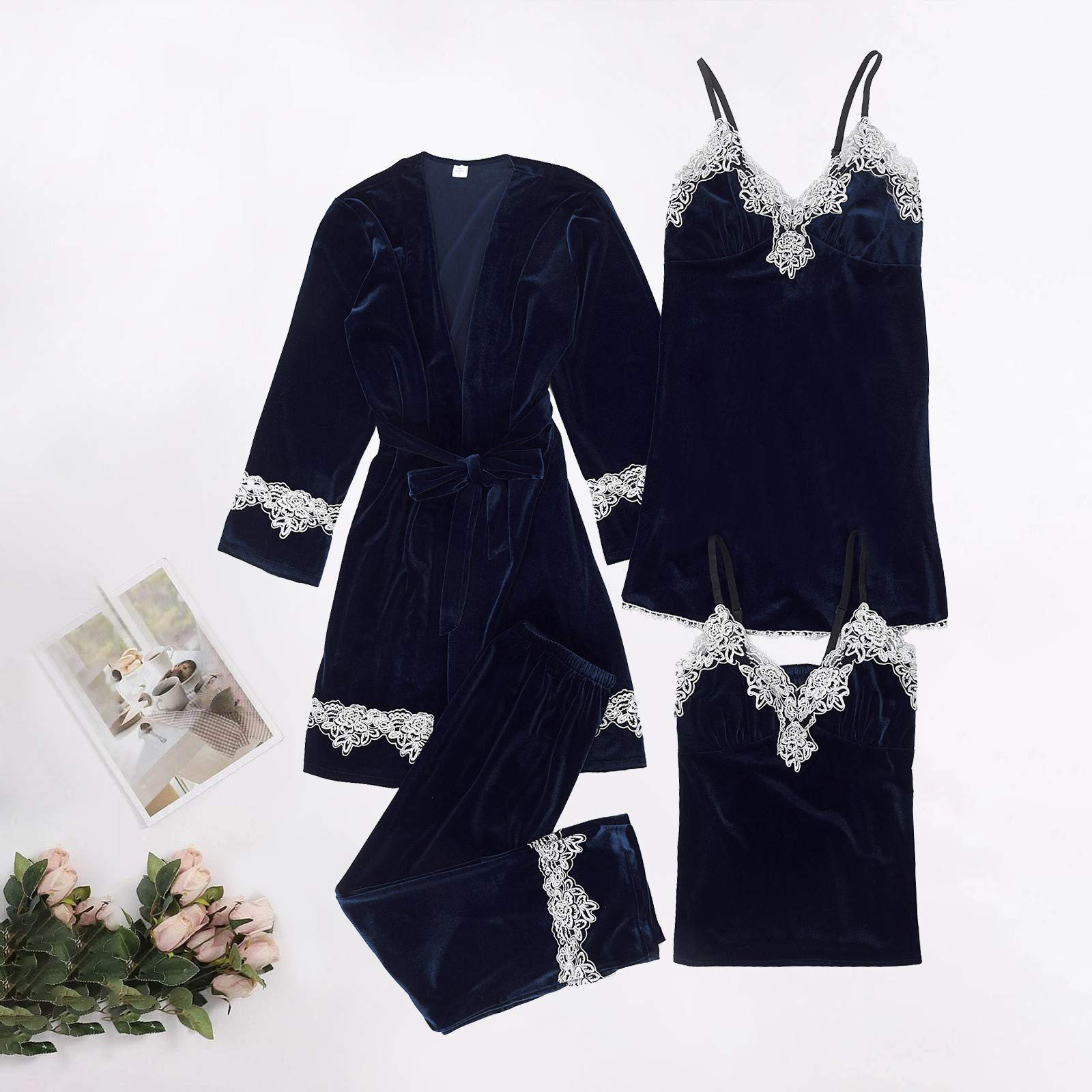 Conjunto de pijama para mujer, de franela, camisón de encaje, camisones de dormir, paquete de 4 camisones cómodos, camisones de manga larga, camisón largo sexy, vestido de dormir corto, ropa de