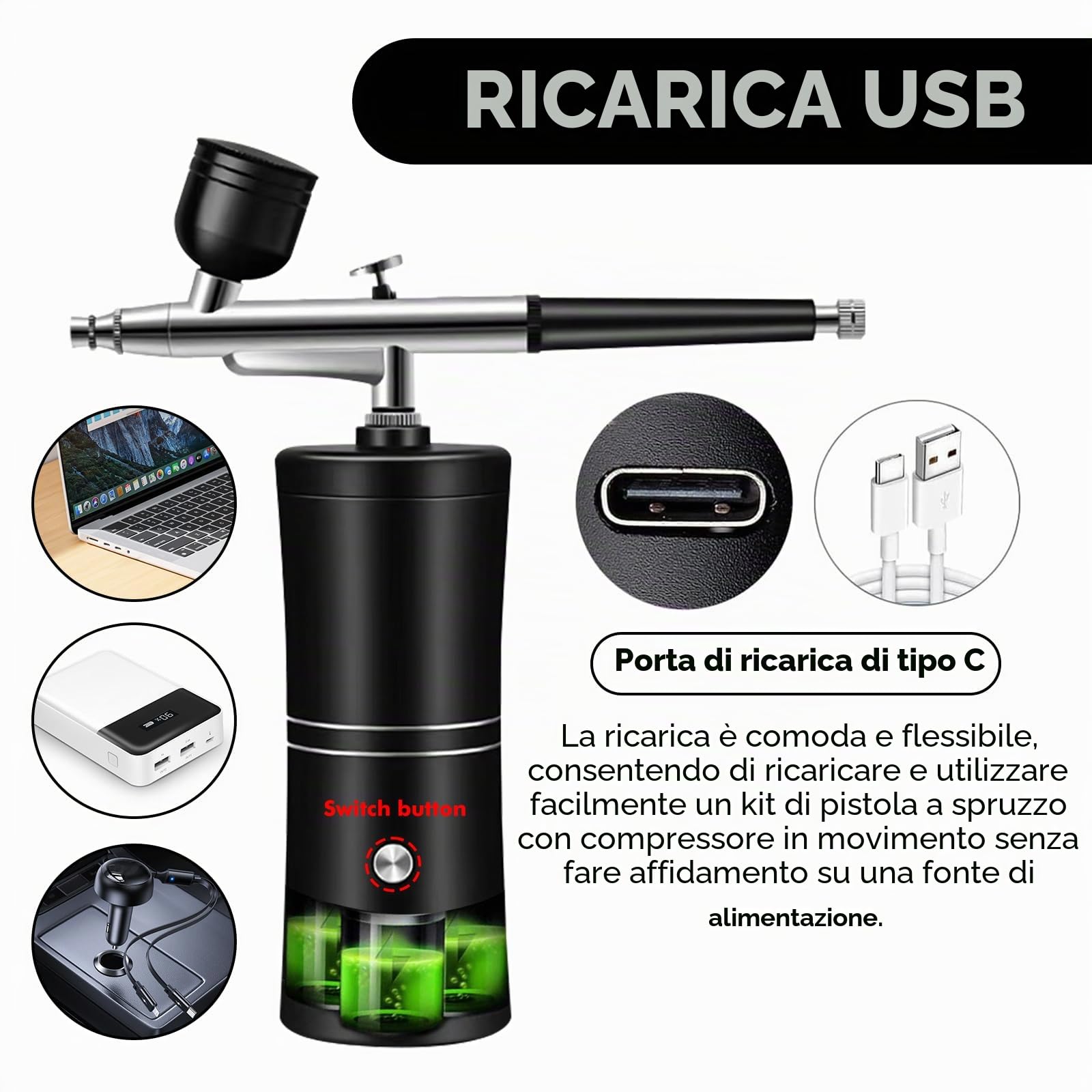 Kit Aerografo Multi Funzioni con Compressore: Kit Aerografo Senza Fili con Compressore d'aria, Spazzola ad Aria Ricaricabile per Nail Art, Decorazione di Torte, Modellazione di Tatuaggi (Nero)