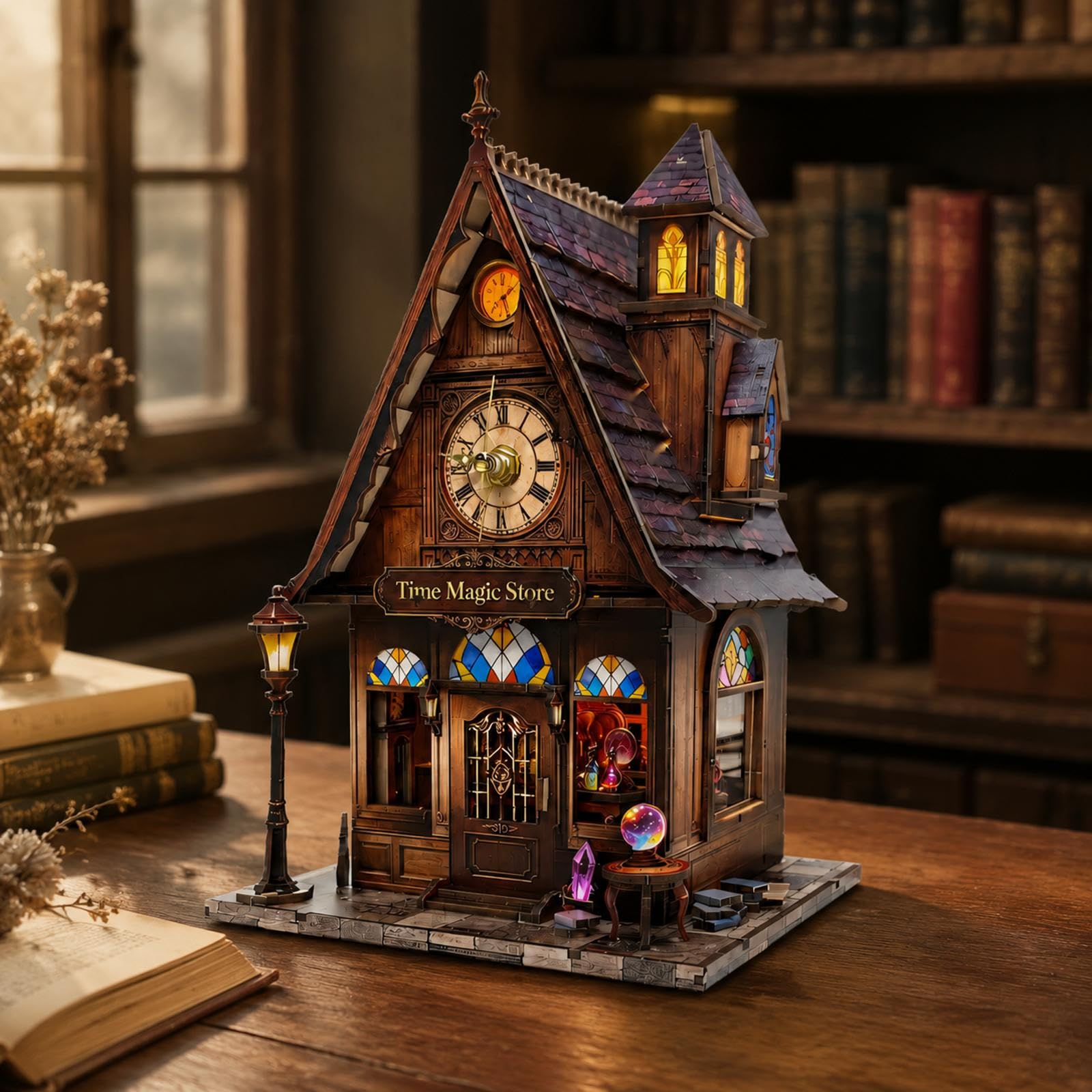 Rompecabezas de casa de madera en miniatura con iluminación LED cálida para