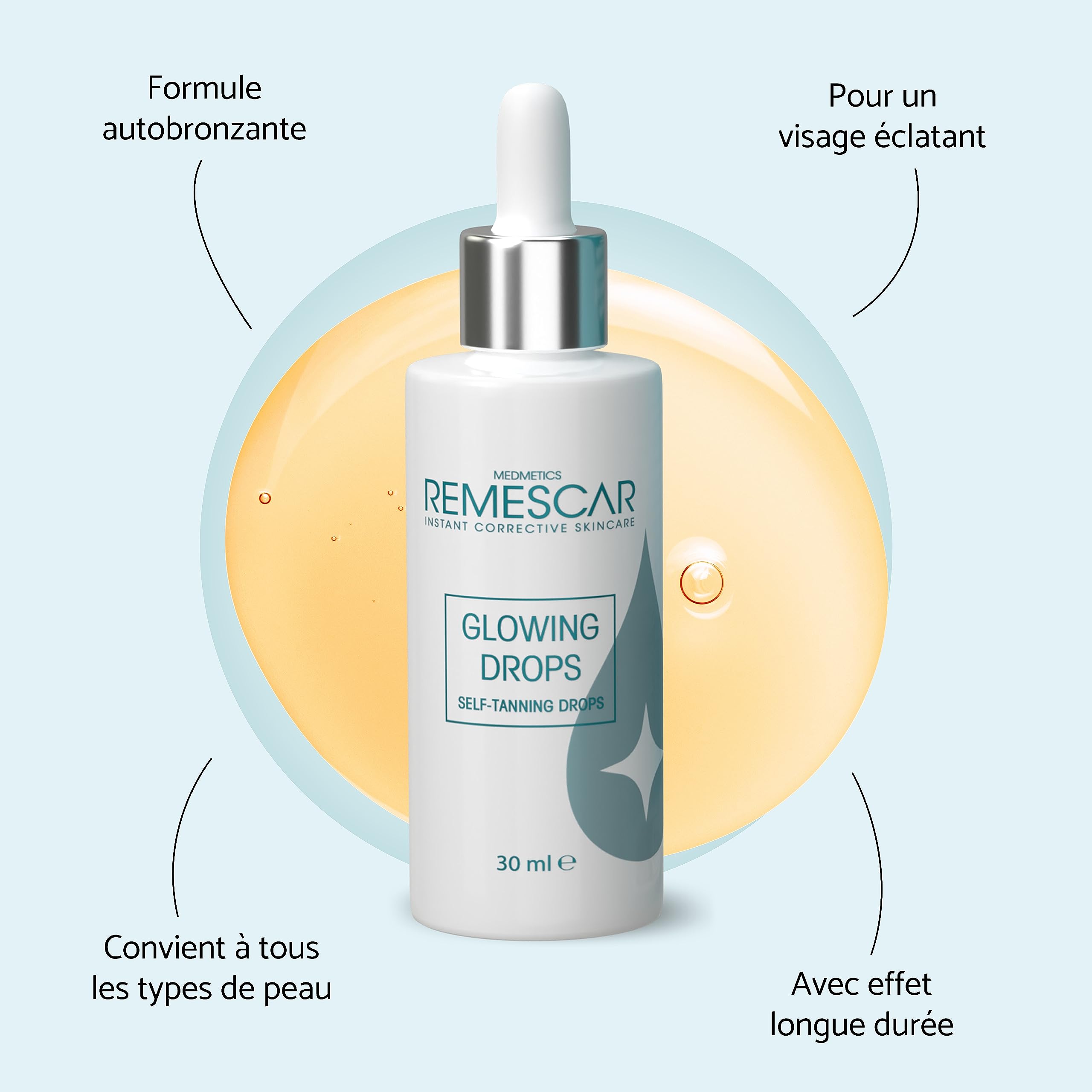 Remescar Glowing Drops 30ml – Gouttes Autobronzantes Visage & Corps – Bronzage Progressif & Éclat Naturel – À Mélanger à Votre Crème Hydratante