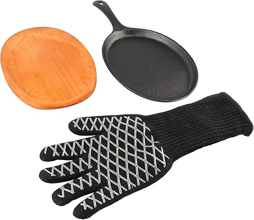 PitMaster King Juego de sartén de hierro fundido presazonado con bandeja de madera y guantes de alto calor