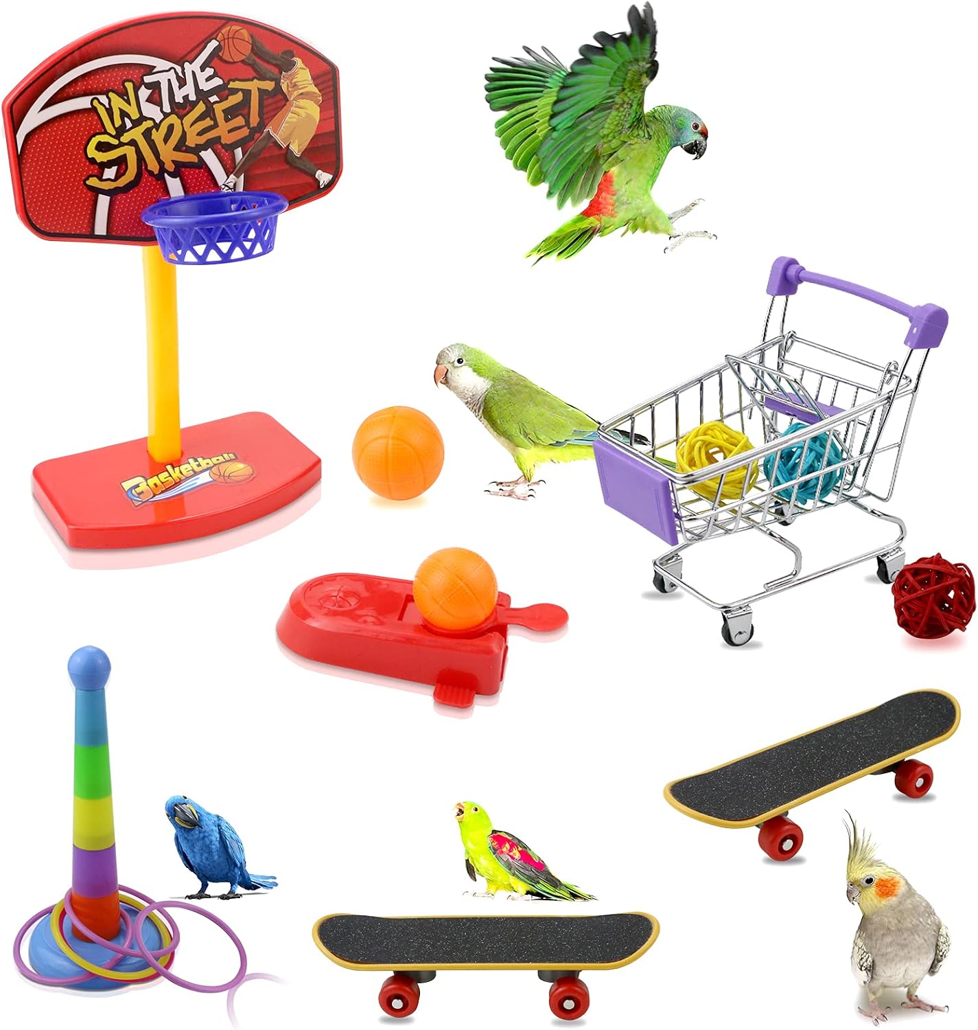 Oruuum Mini Bird Parrots Toys Set, 1 Pcs Mini Metal Shopping Cart, 1 Pcs Bird Skateboard, 1 Set Training Toss Rings, 1 Set Basketball…