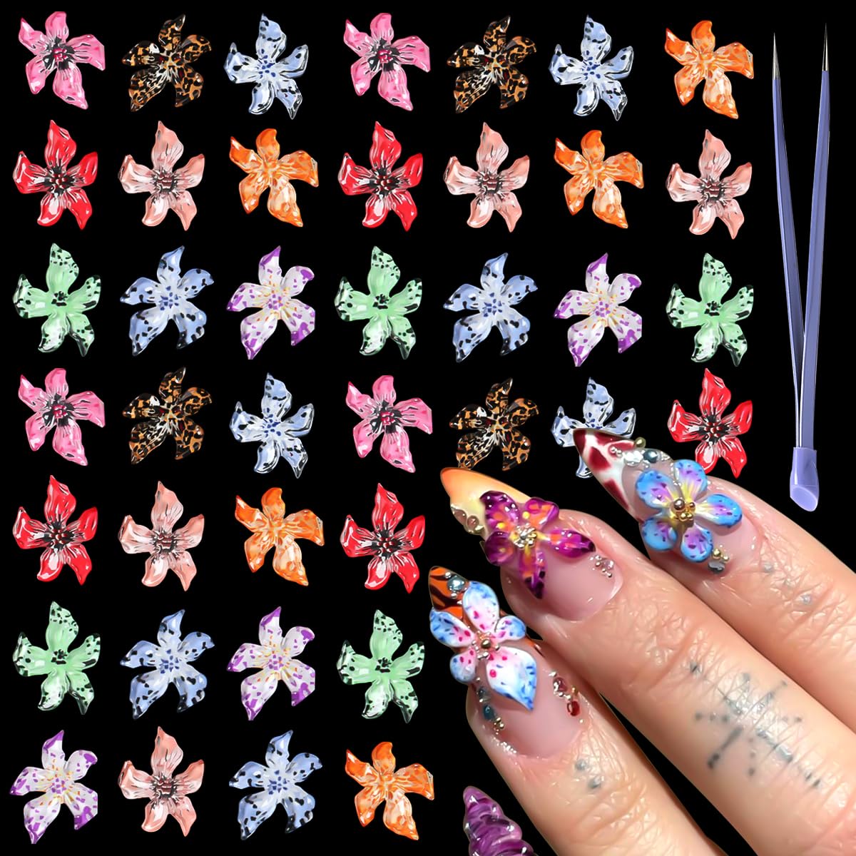 50PCS Flower Nail Art Charms,Kawaii 3D Resin Gradient Colorful Transparent Lily Nail Decoration with Multi-Use Tweezers,Spring Summer Floral Petals
