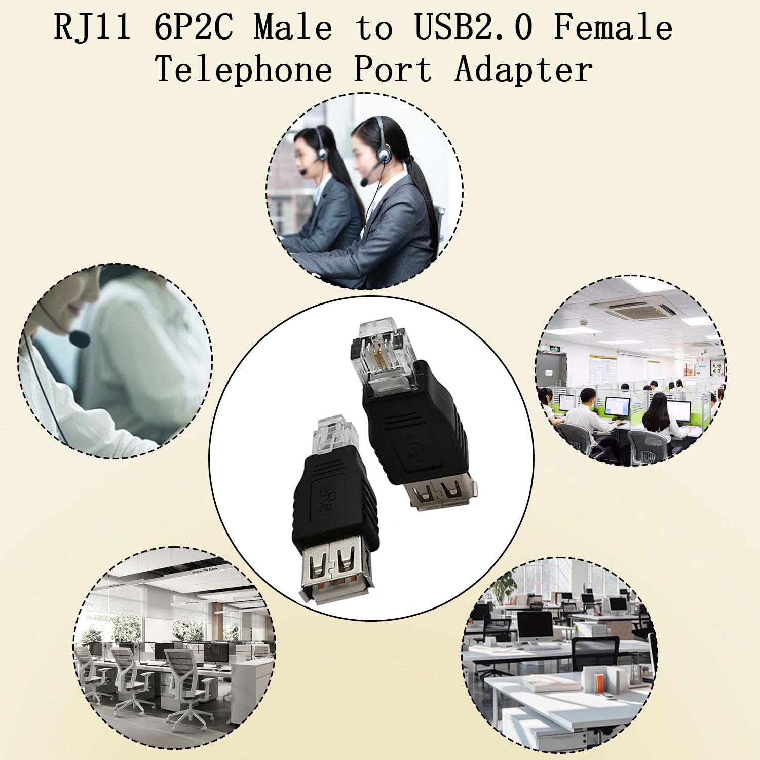 QIANRENON Wtyczka RJ11 do gniazda USB do telefonów złącze RJ11 6P2C wtyczka do gniazda USB A kabel telefoniczny adapter 2pin RJ11/USB do telefonu interfejs testowy, do telefonów faksowych, 2 szt