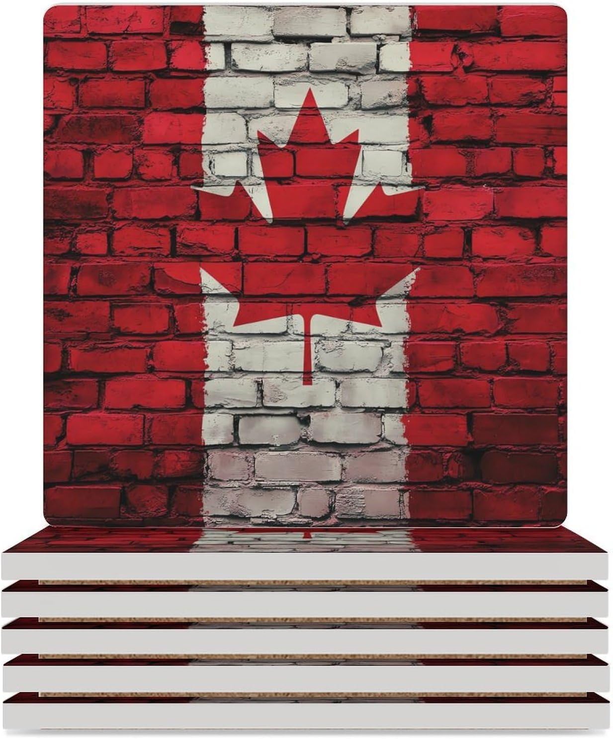 Canadian Flag Paint On The Wall Ceramic Coasters Set Square Drink Coasters Table Coaster for Kitchen Desktop Decor