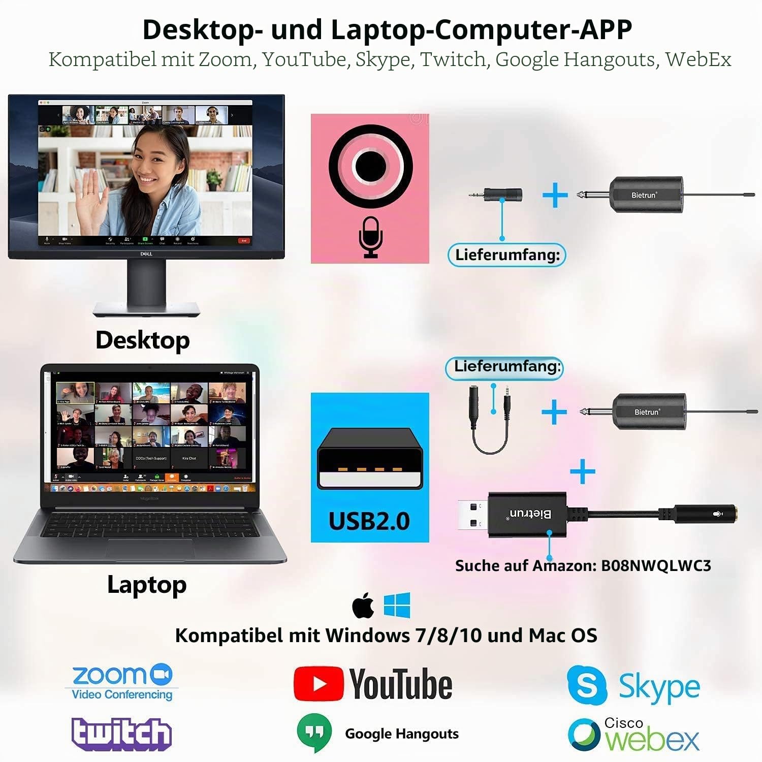 UHF Wireless Lavalier Lapel Microphone System, Kabelloses Lavalier-Mikrofon, Headset Mic, Interview Mic, Rechargeable RX and TX (Work 6hs), 165 ft Range, 1/4" Output, for iPhone, PA Speaker