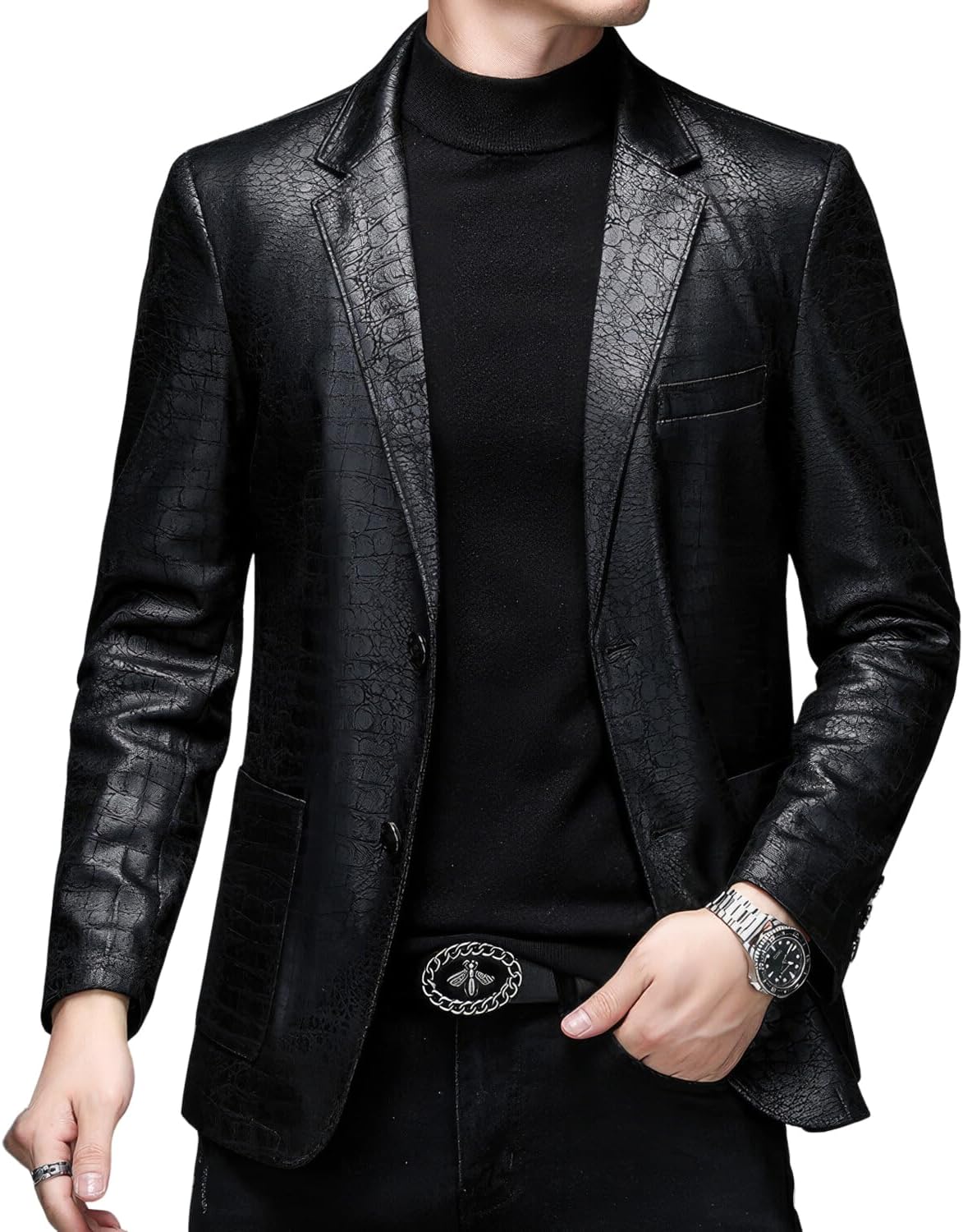 Men’s Crocodile Skin Pattern Genuine Sheepskin Leather Casual Dress