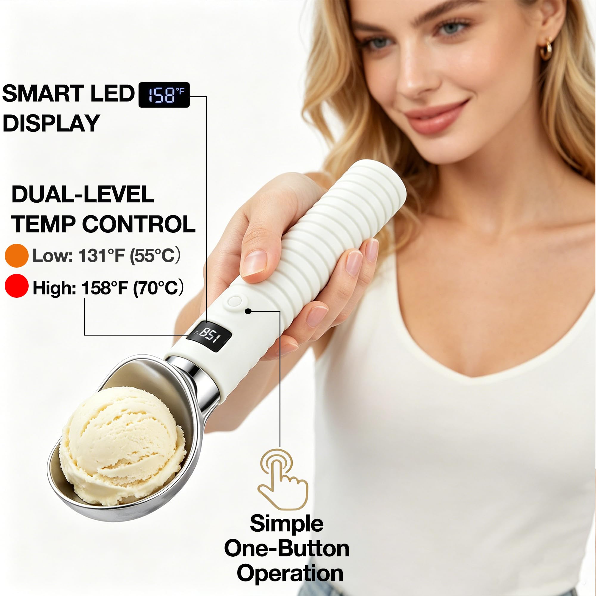 Beheizter Eisportionierer, Eiskugelzange mit 2 Temperaturstufen und LED-Anzeige, IP67 wasserdicht, ergonomische Smart-Touch-Steuerung für Gelato, Sorbet und Frozen Yogurt