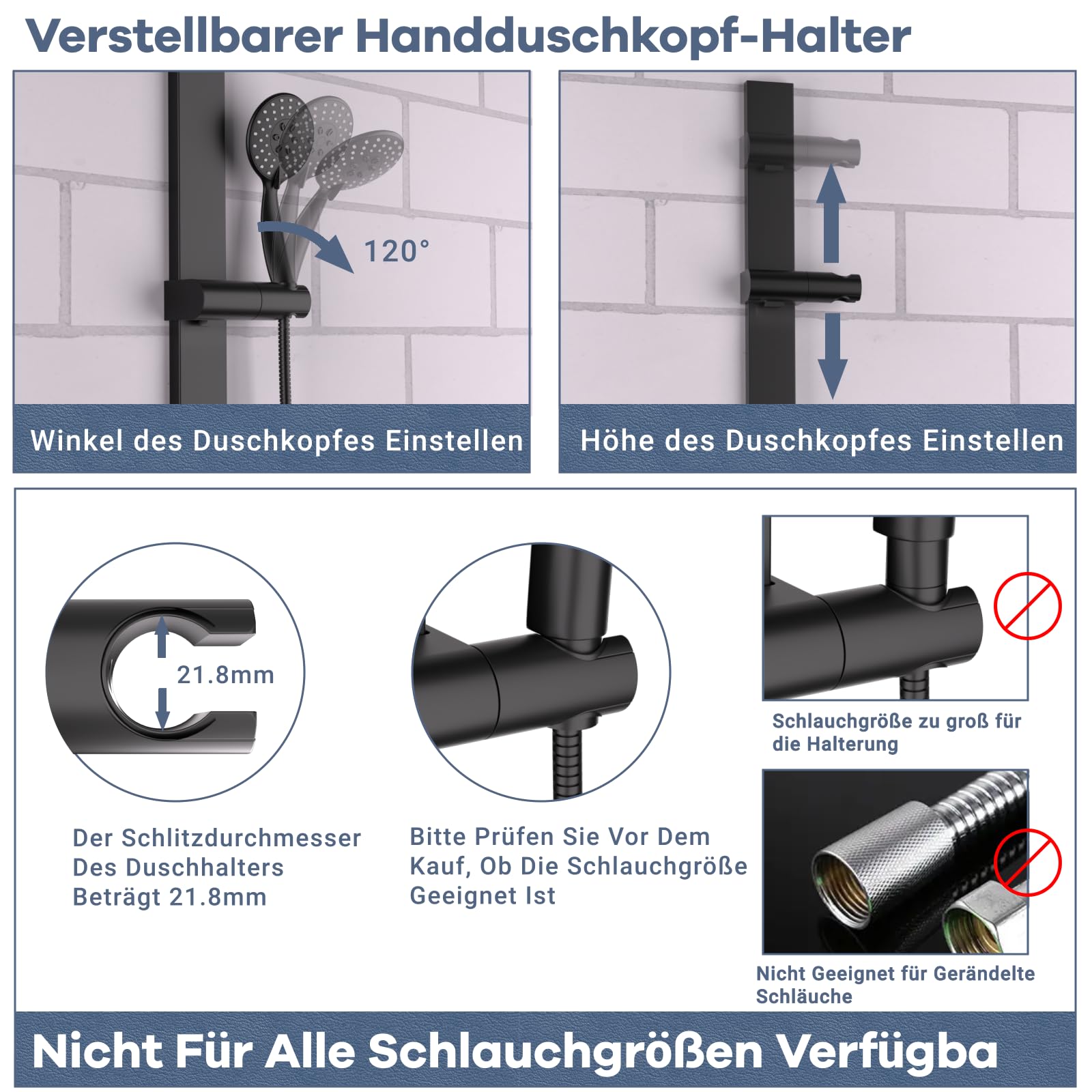 Duschstange Ohne Bohren Brausestange DETBOM mit Kleber Metall Duschstange mit Duschkopfhalterung Höhen und Winkelverstellbarer 120°, Klebe- oder Bohrmontage, Schwarz