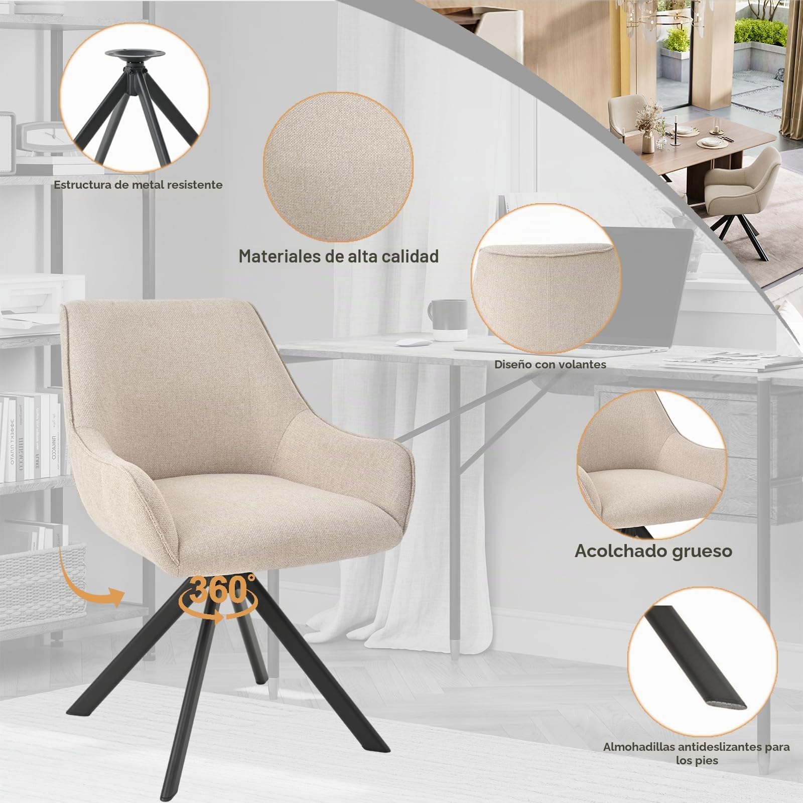 Juego de 4 sillas de comedor giratorias con reposabrazos – Silla acolchada giratoria 360° de lino moderna, silla de cocina con estructura metálica y respaldo para comedor, sala de estar