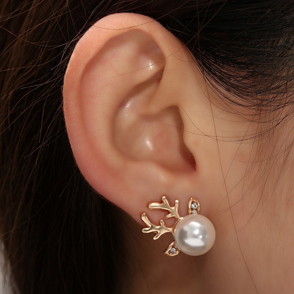 Aretes de Navidad para mujer, aretes de cornamenta de perlas sintéticas (dorado), Metal 2