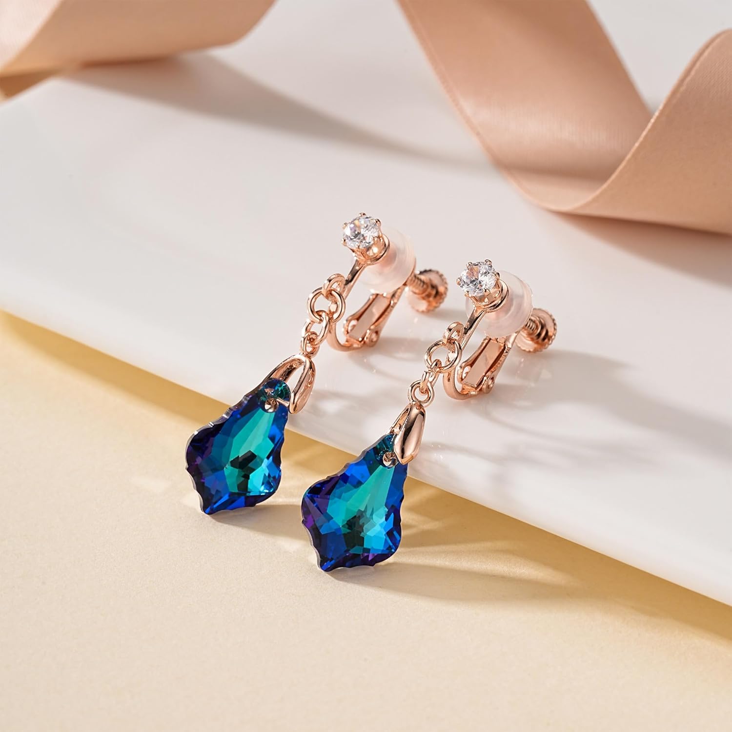 Austrian Crystal Baroque Drop Clip On Dangle Earrings for Women Non Pierced 14K Rose Gold Plated Hypoallergenic Jewelry - Image 3