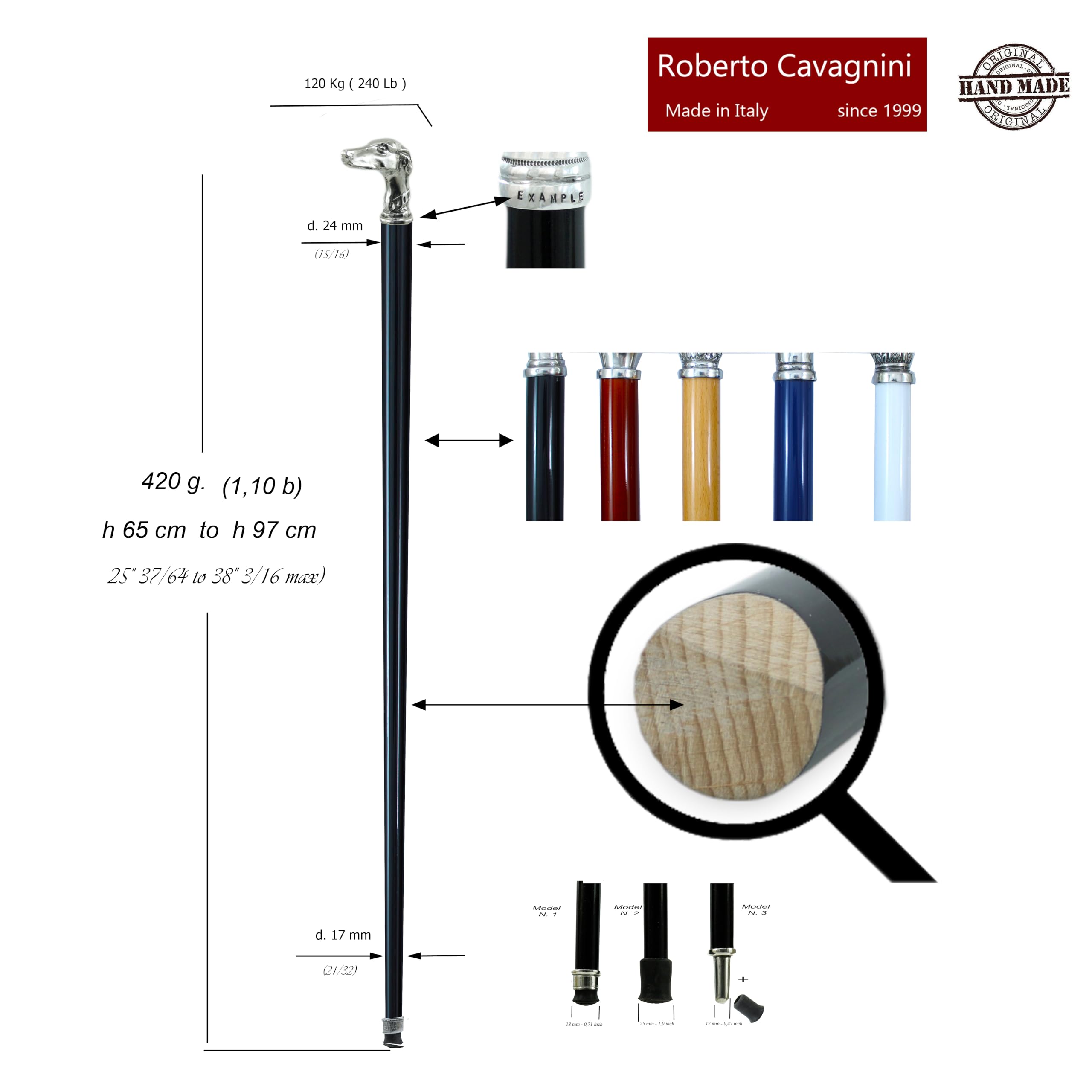 Cavagnini Bastón de Paseo para Hombre Elegante en Madera con empuñadura en Metal Macizo sólido y Robusto Made in Italy