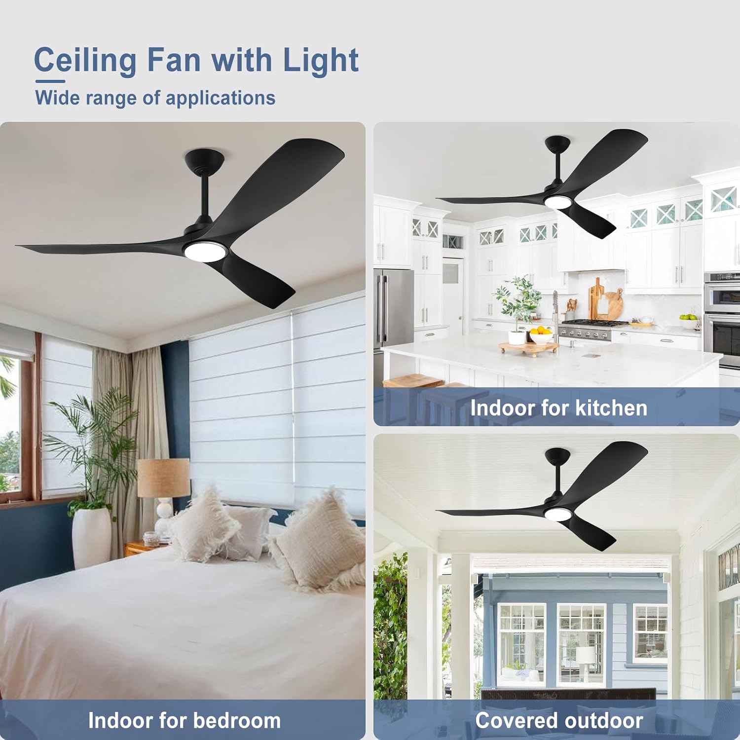 Black Ceiling Fan with Light: 3 Blades Ceiling Fans Reversible 5 Speeds Timer - 52 Inch Ceiling Fan with Remote for Indoor Living Room Bedroom