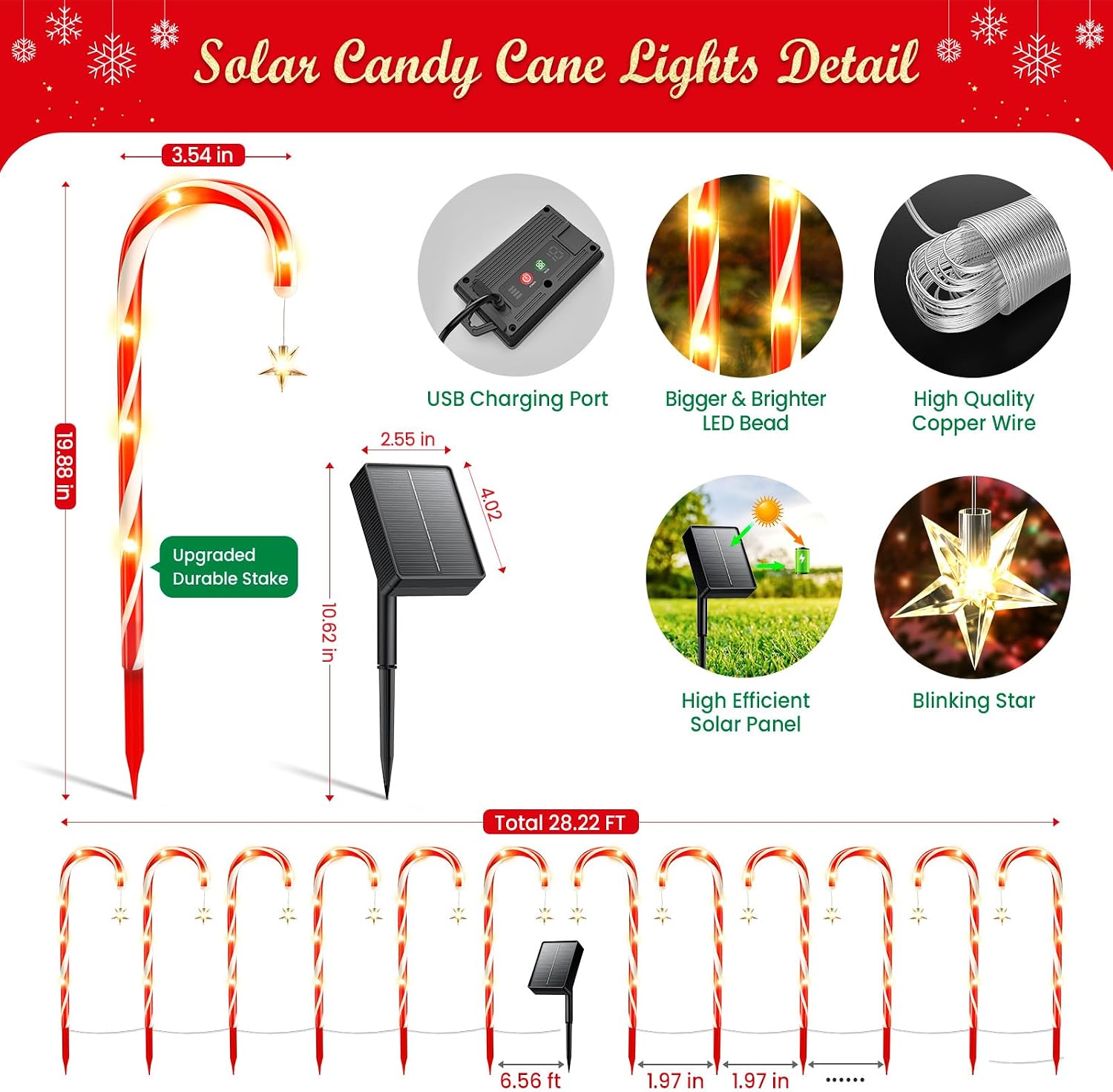 BUCASA 24 Pack Christmas Decorations Outdoor Solar Candy Cane Lights, 144 LEDs, 10 Modes, Waterproof, USB Rechargeable, Perfect for Yard, Garden, Pathway
