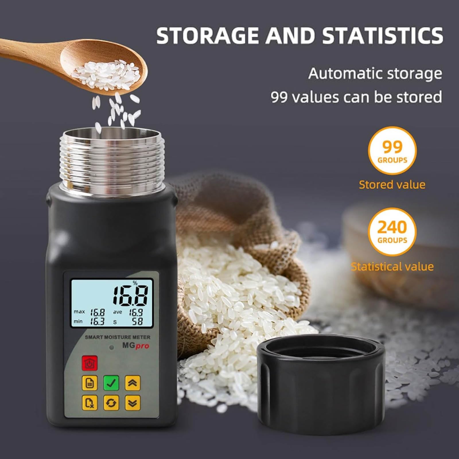 Medidor de Humedad de Grano Inteligente, Medidor de Humedad de Grano de Taza PortáTil con LCD Retroilluminato per 25 Grani 99 Memorizzazione Dati Compensazione Automatica della Temperatura